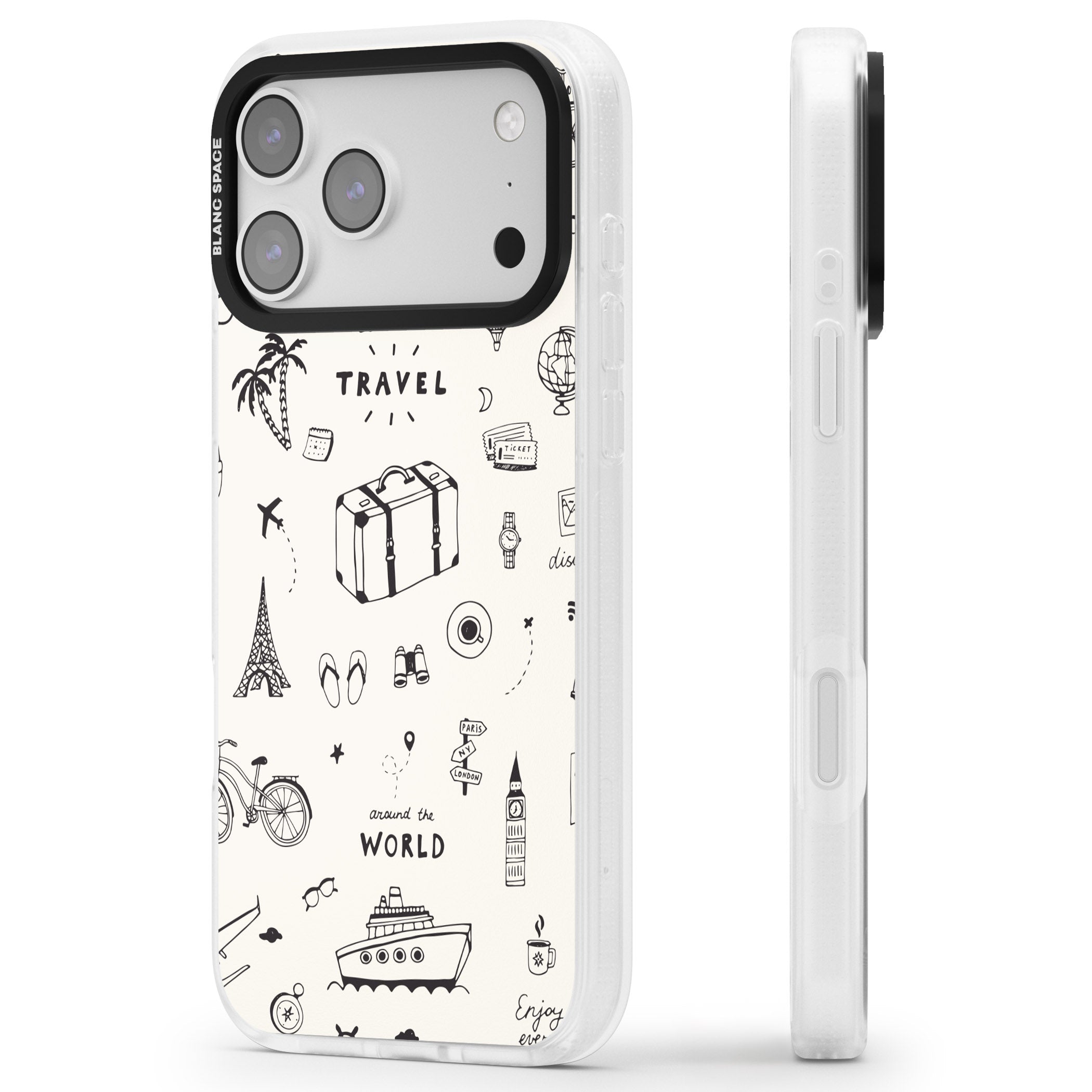 Cute Travel Pattern, White On iPhone 17 Pro Impact Air Clear Phone Case Side Profile