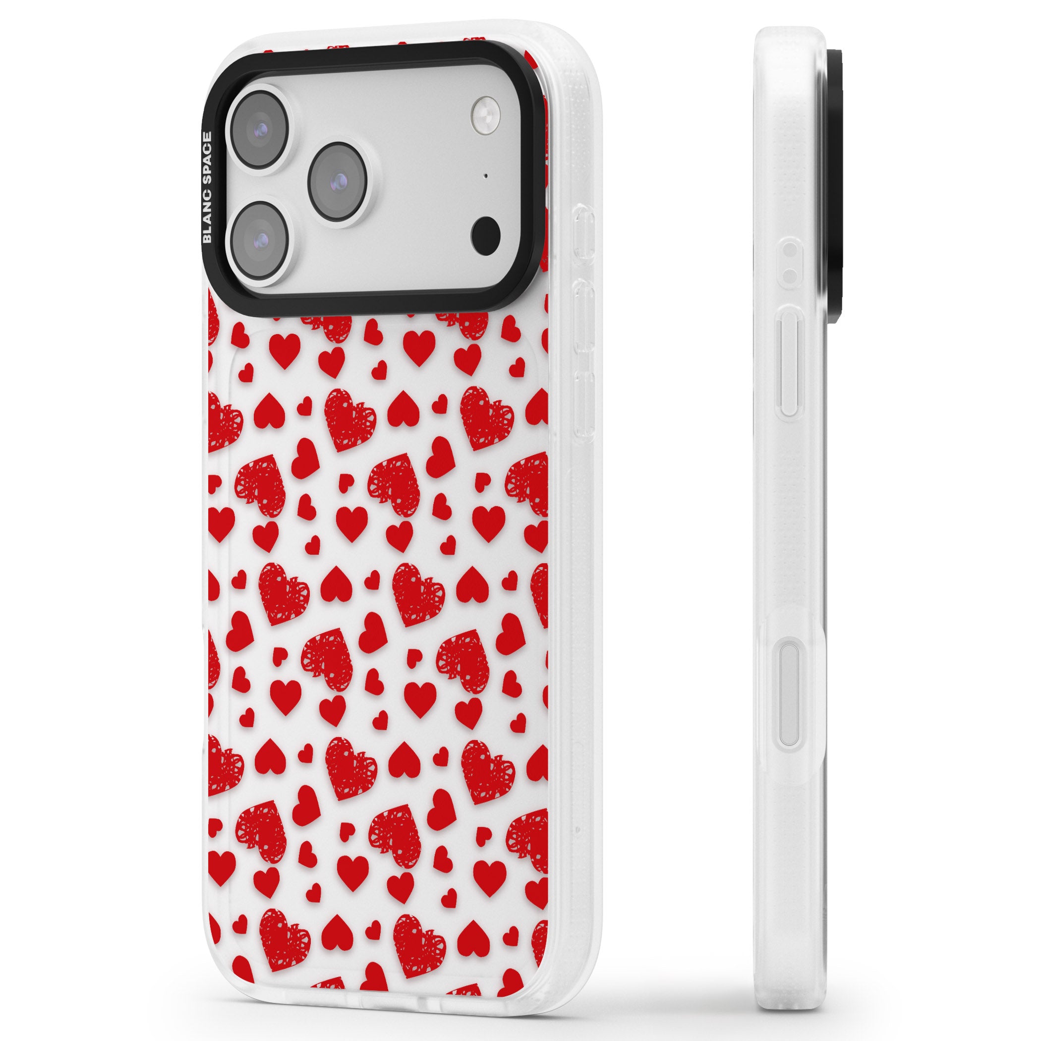 Red Heart Pattern Classic iPhone 17 Pro Impact Air Clear Phone Case Side Profile