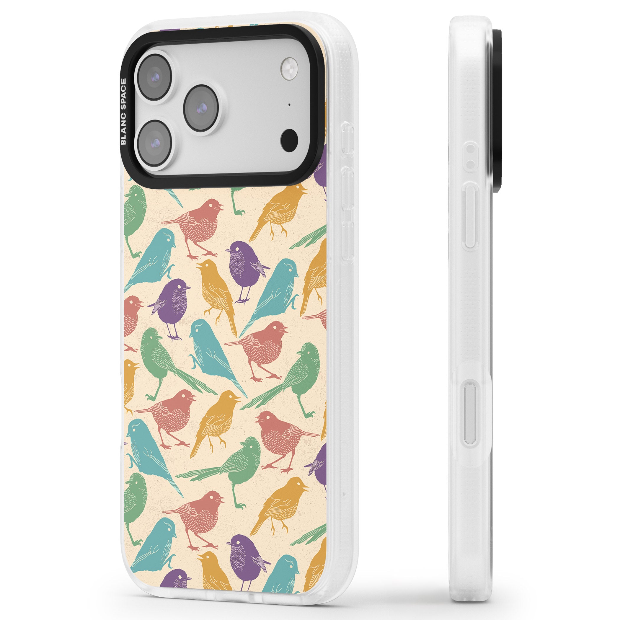 Colorful Feathered Friends iPhone 17 Pro Impact Air Clear Phone Case Side Profile