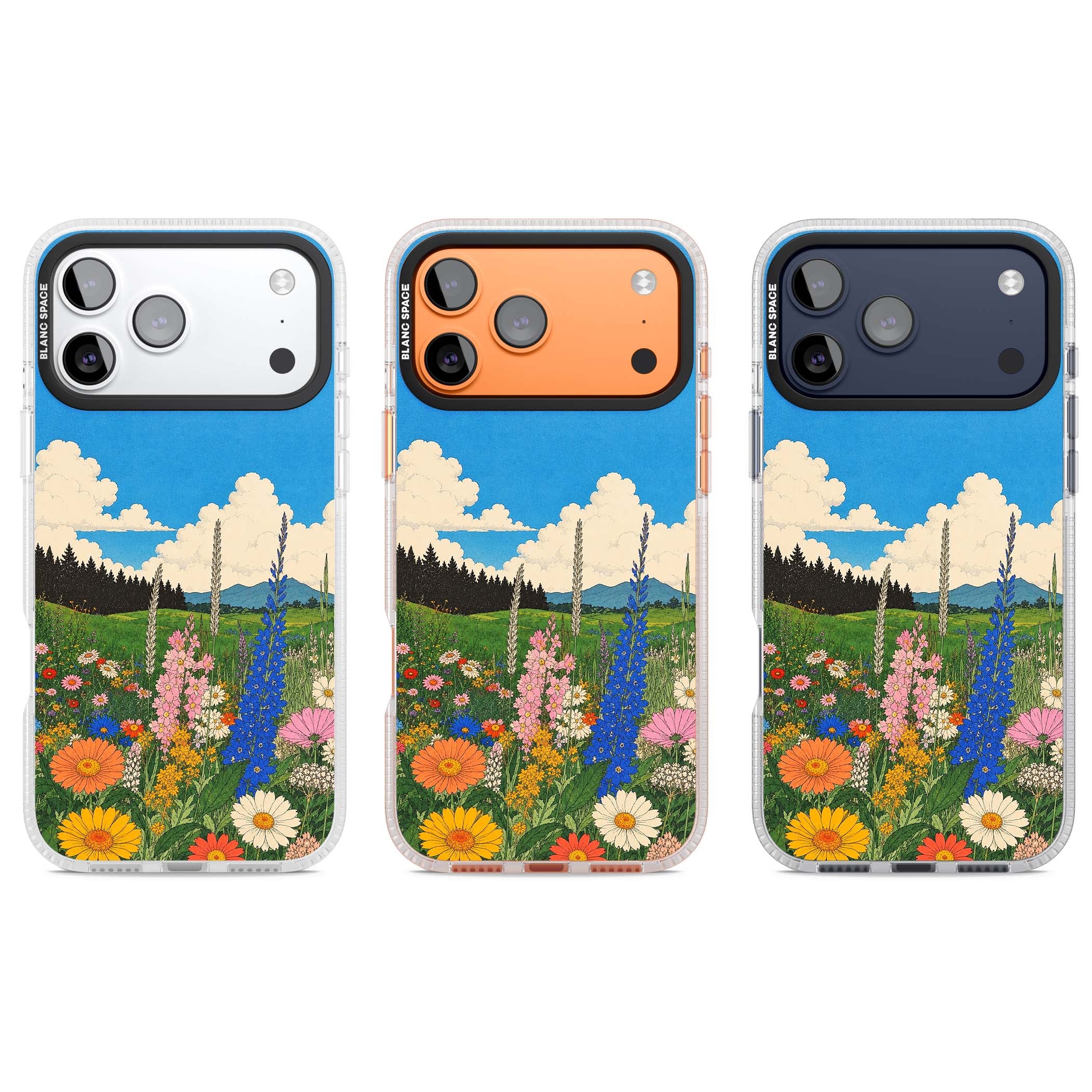 Wildbloom wildflower iPhone case featuring a vintage Japanese-style meadow landscape with daisies, delphiniums and moun | Clear Case Impact Air case for iPhone 17 Pro, iPhone 17 Pro Max