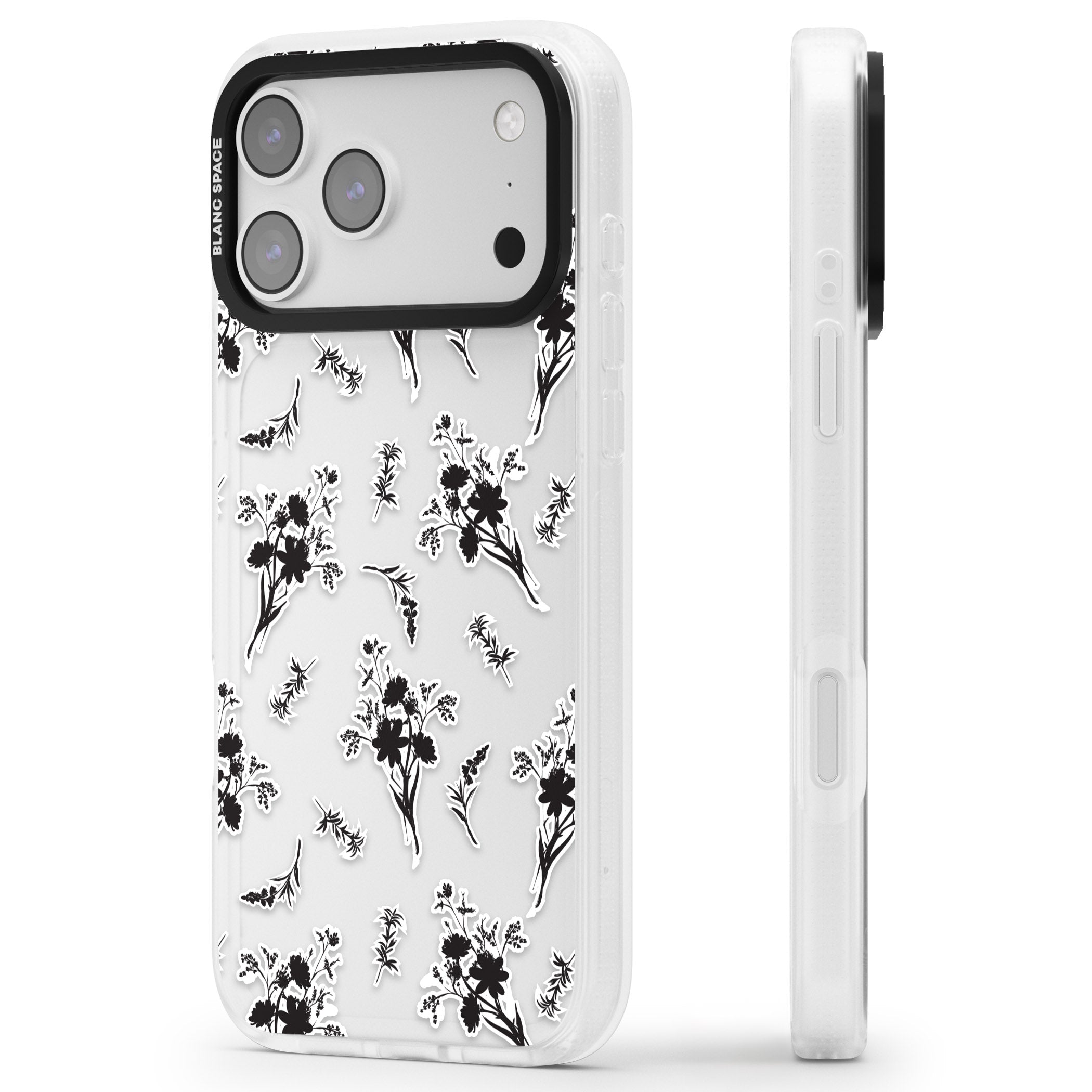 Black Sticker Wildflowers iPhone 17 Pro Impact Air Clear Phone Case Side Profile
