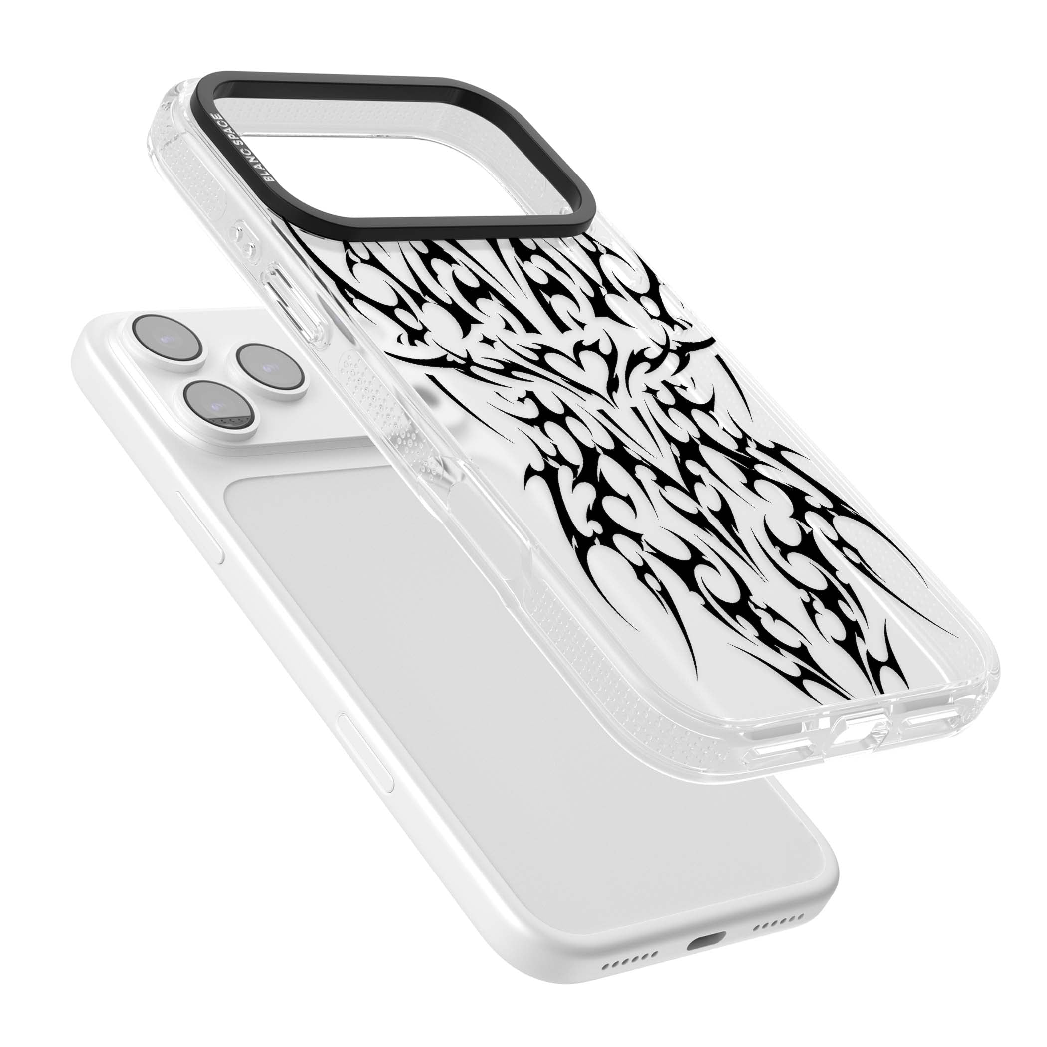 Neo Tribal Heart gothic iPhone case featuring symmetrical black tribal tattoo art with sharp thorn-like linework | Clear Case Impact Air case for iPhone 17 Pro, iPhone 17 Pro Max