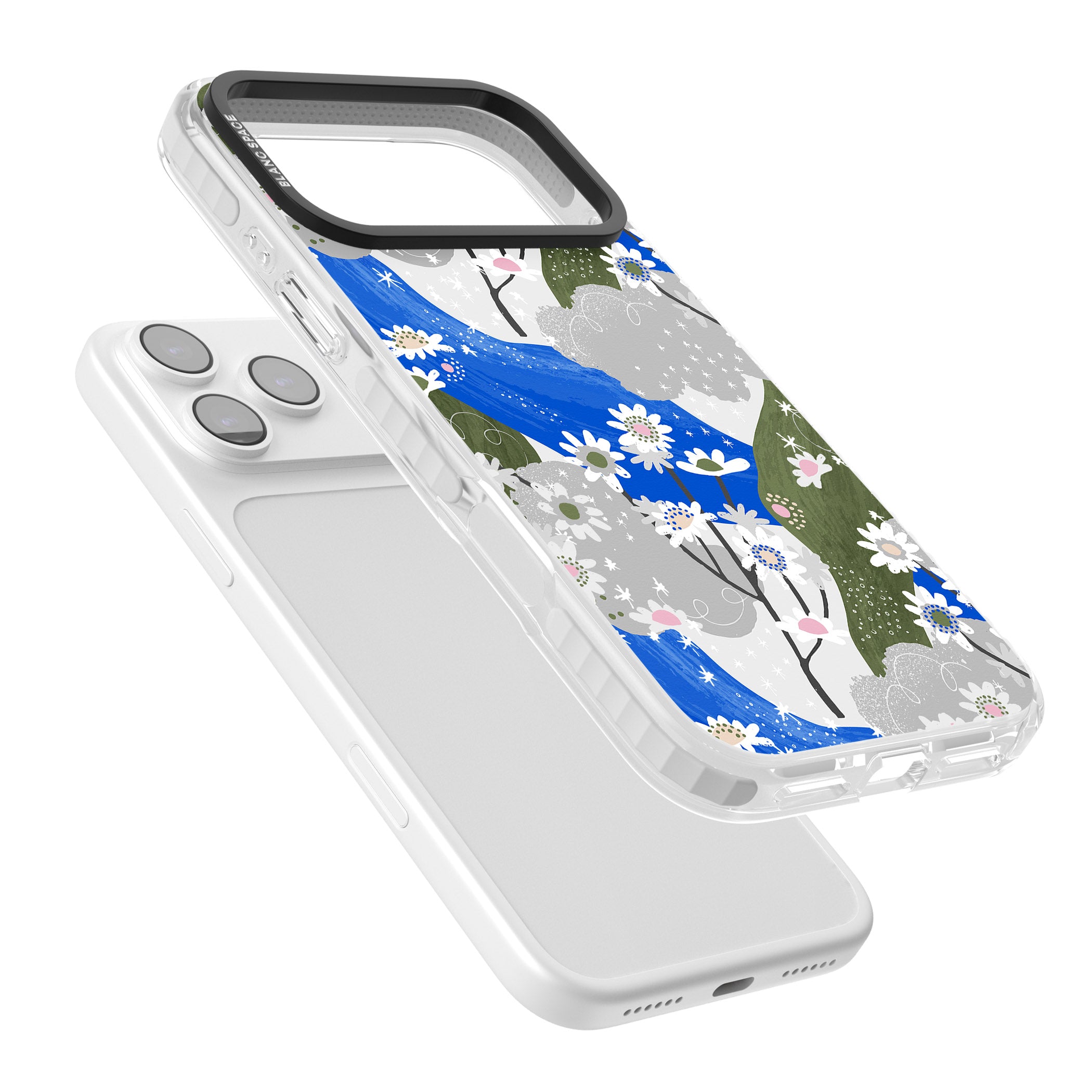 Blue & Grey Daisies Pattern iPhone 17 Pro Impact Clear Phone Case Colours