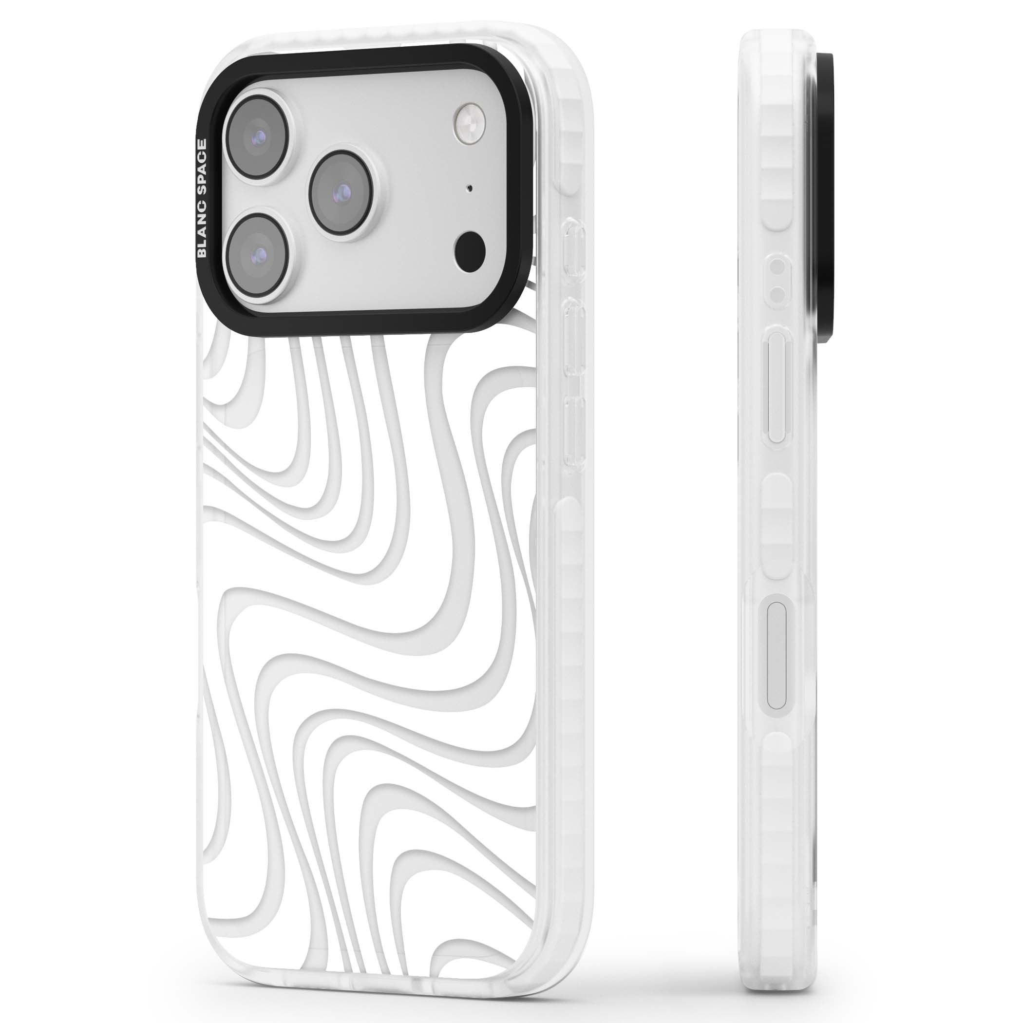 White Abstract Waves abstract iPhone case featuring flowing grey wave pattern on clear background | Black Impact case for iPhone 17 Pro, iPhone 17 Pro Max