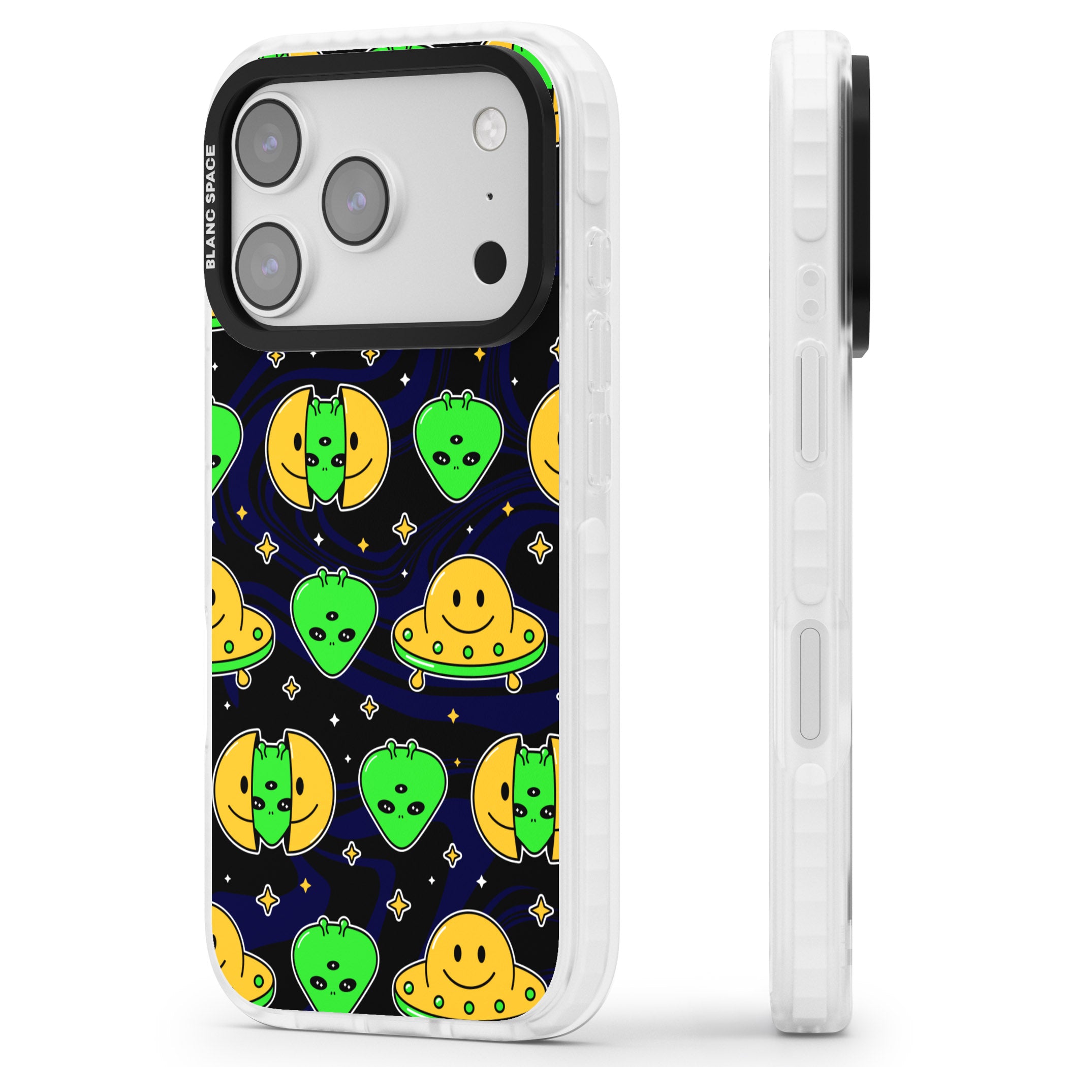 Alien Head Pattern iPhone 17 Pro Impact Clear Phone Case Side Profile