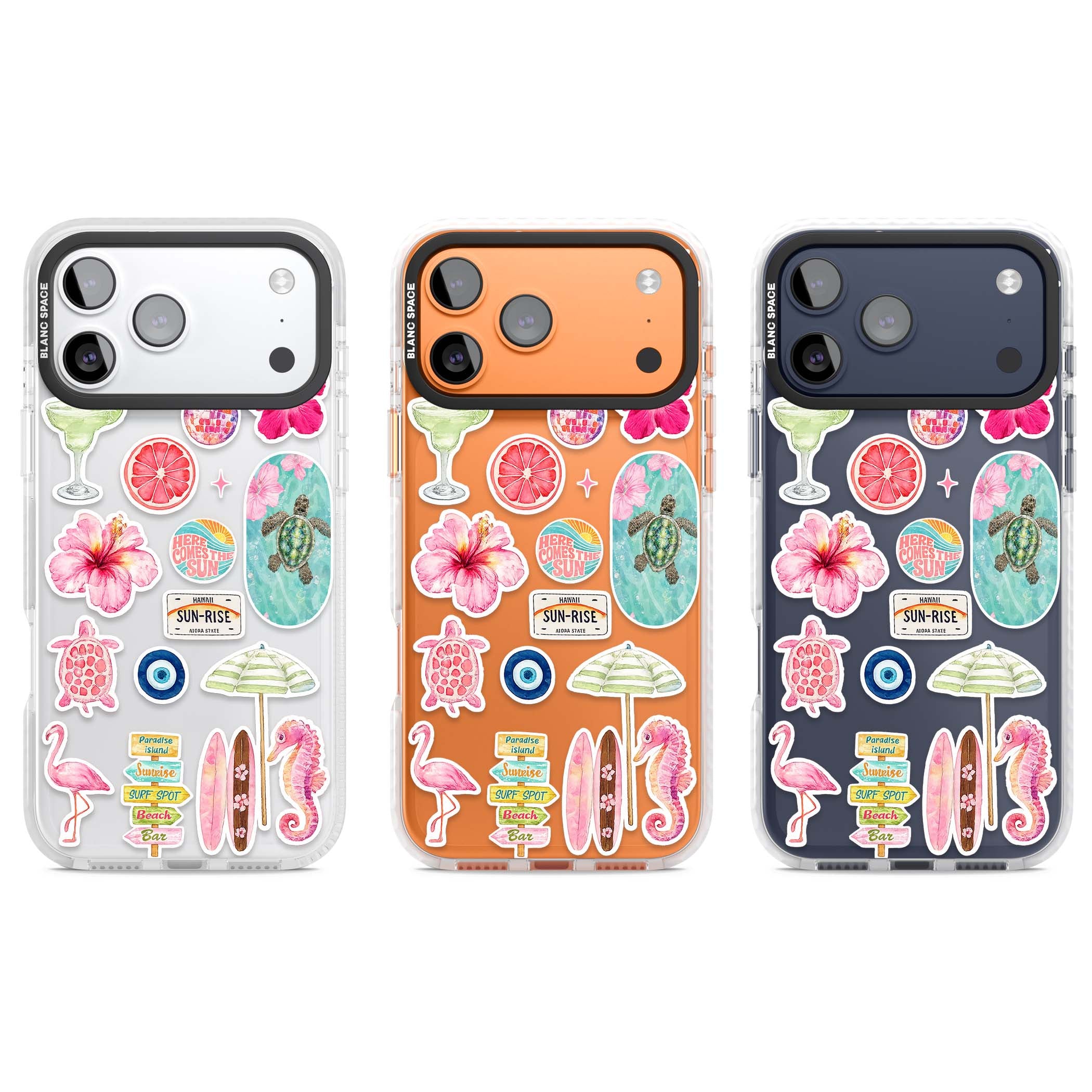 Aloha Sticker Mix tropical summer iPhone case featuring pink hibiscus, sea turtles, flamingo and beach umbrella stickers | Black Impact case for iPhone 17 Pro, iPhone 17 Pro Max
