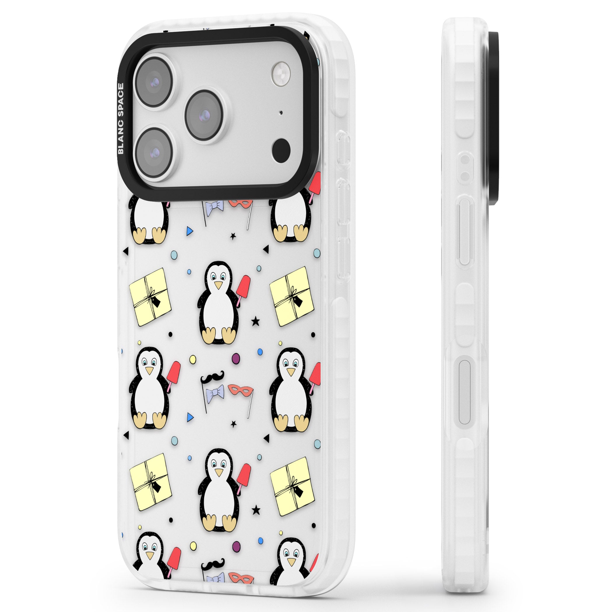 Cute Penguin Pattern Clear iPhone 17 Pro Impact Clear Phone Case Side Profile