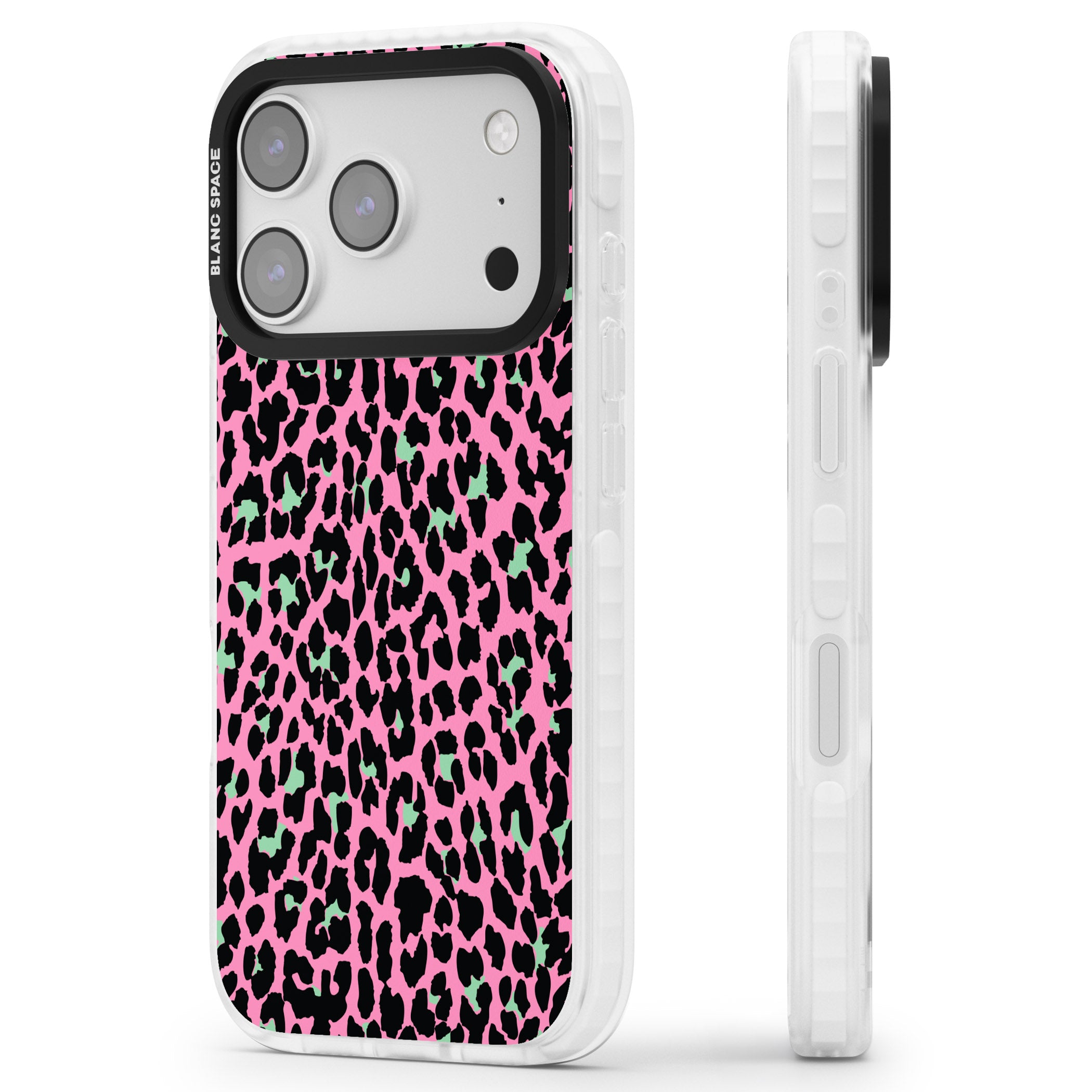 Pink & Green Leopard iPhone 17 Pro Impact Clear Phone Case Side Profile