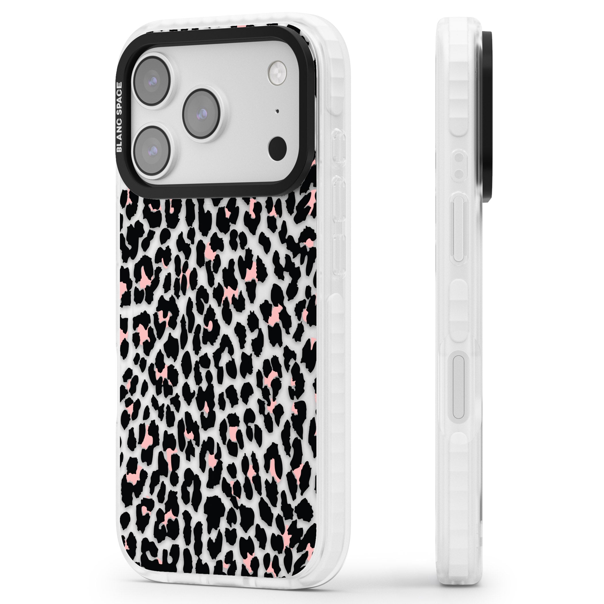 Pink Leopard Print iPhone 17 Pro Impact Clear Phone Case Side Profile