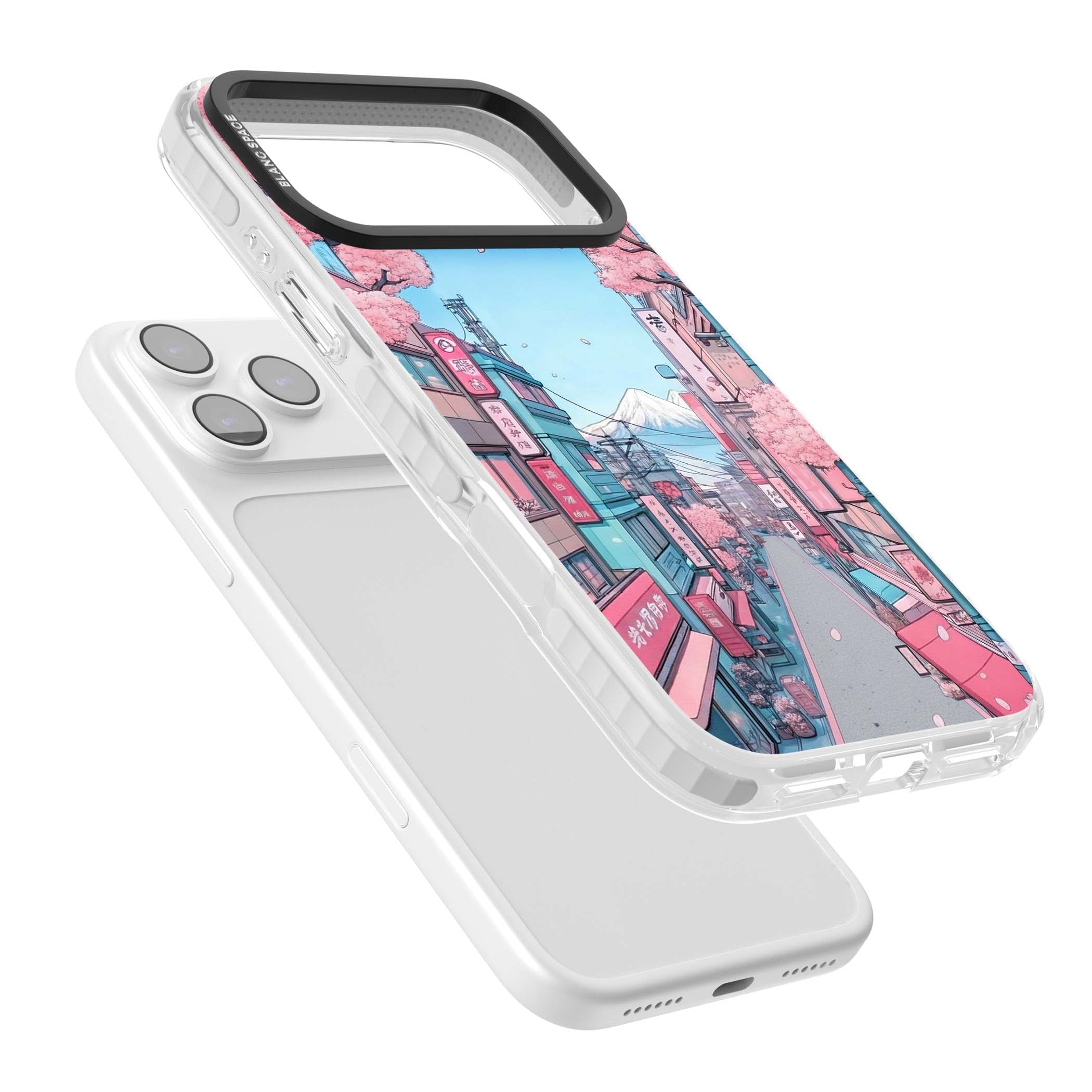 Sakura Lane anime iPhone case featuring Tokyo street scene with cherry blossoms and Mount Fuji | Black Impact case for iPhone 17 Pro, iPhone 17 Pro Max