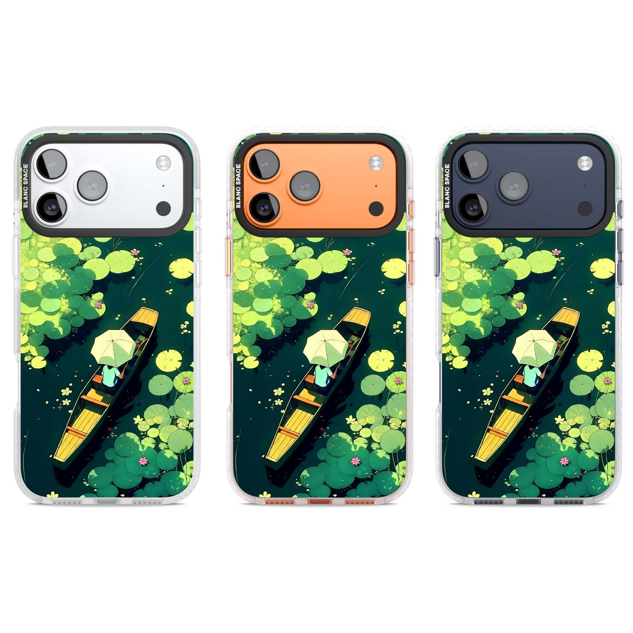 Jade Waters cottagecore iPhone case featuring a painted lily pond, wooden boat with parasol and floating water lilies | Black Impact case for iPhone 17 Pro, iPhone 17 Pro Max