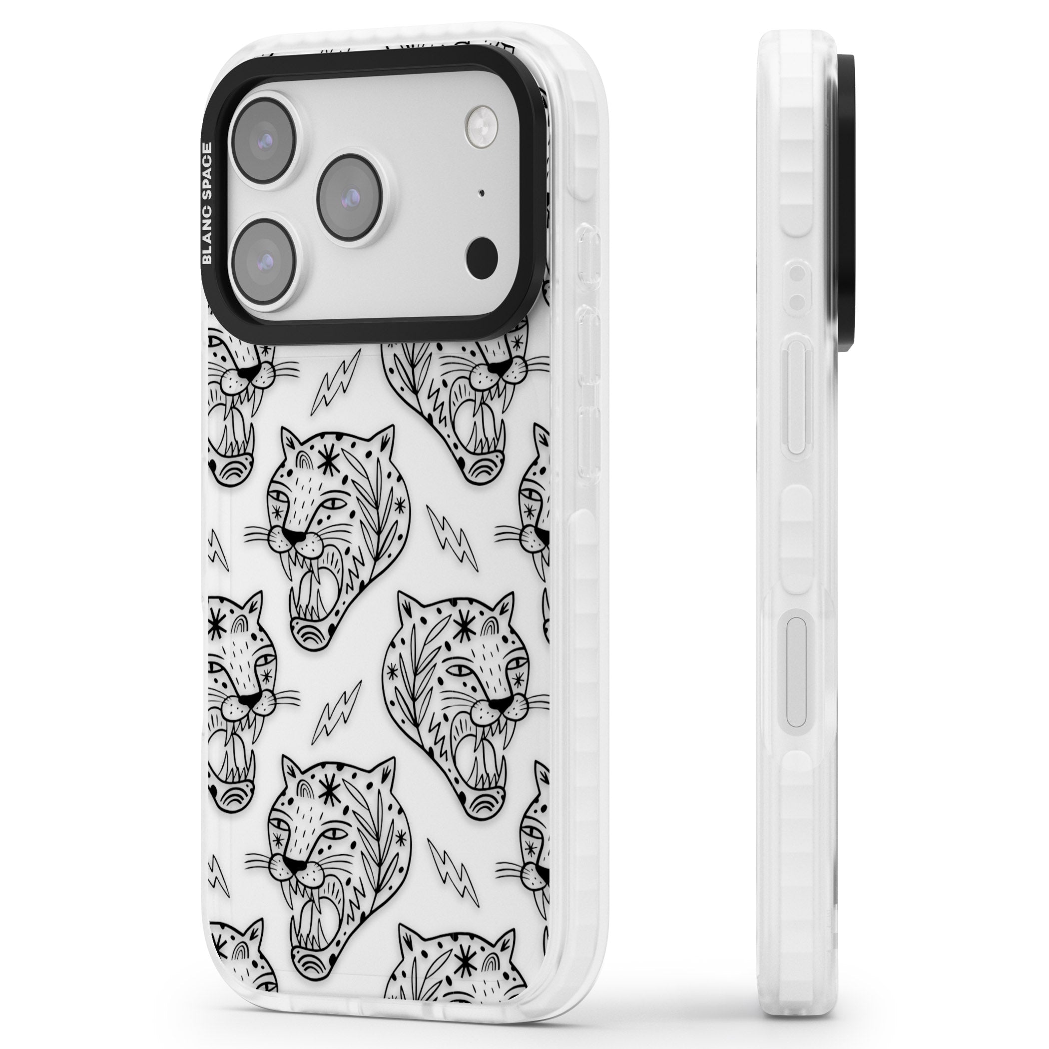 Black Tiger Roar Pattern iPhone 17 Pro Impact Clear Phone Case Side Profile