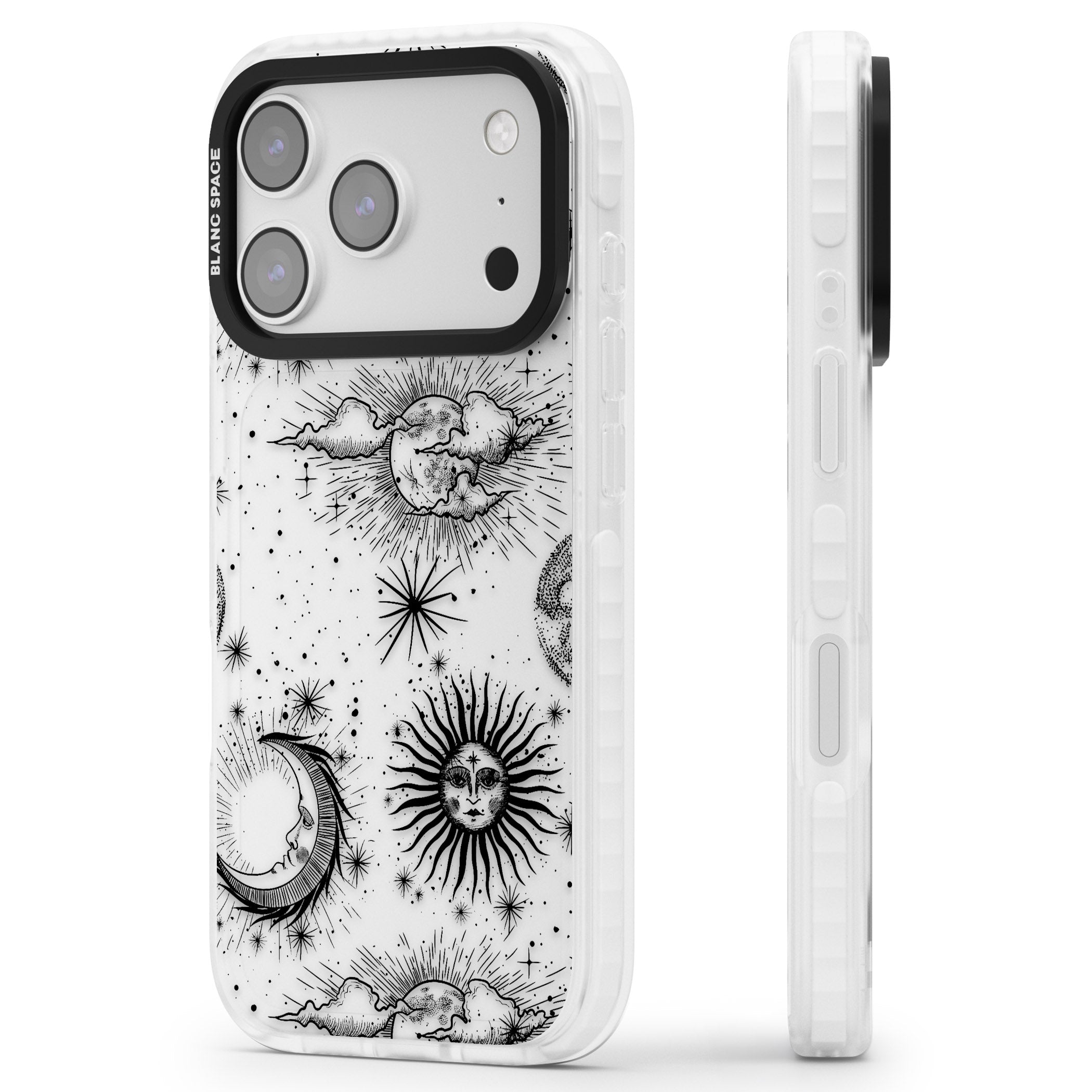 Suns, Moons & Clouds iPhone 17 Pro Impact Clear Phone Case Side Profile