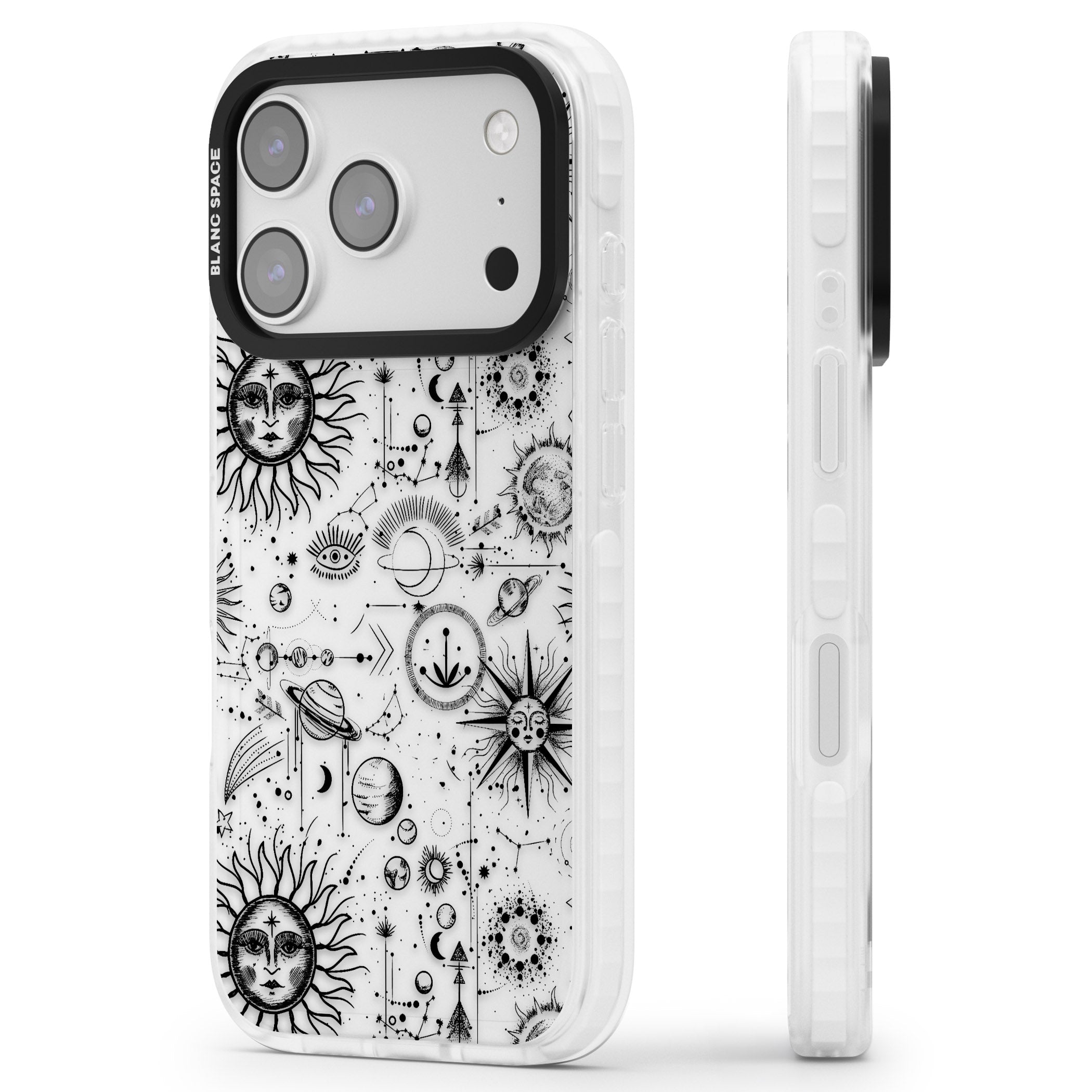 Cosmic Sun & Planets Zodiac iPhone 17 Pro Impact Clear Phone Case Side Profile