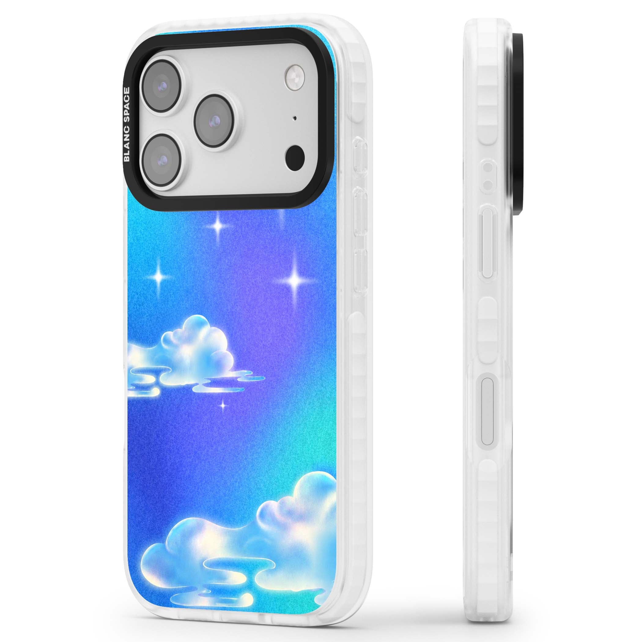 Aurora celestial iPhone case featuring dreamy iridescent clouds, sparkling stars and pastel blue purple sky | Black Impact case for iPhone 17 Pro, iPhone 17 Pro Max