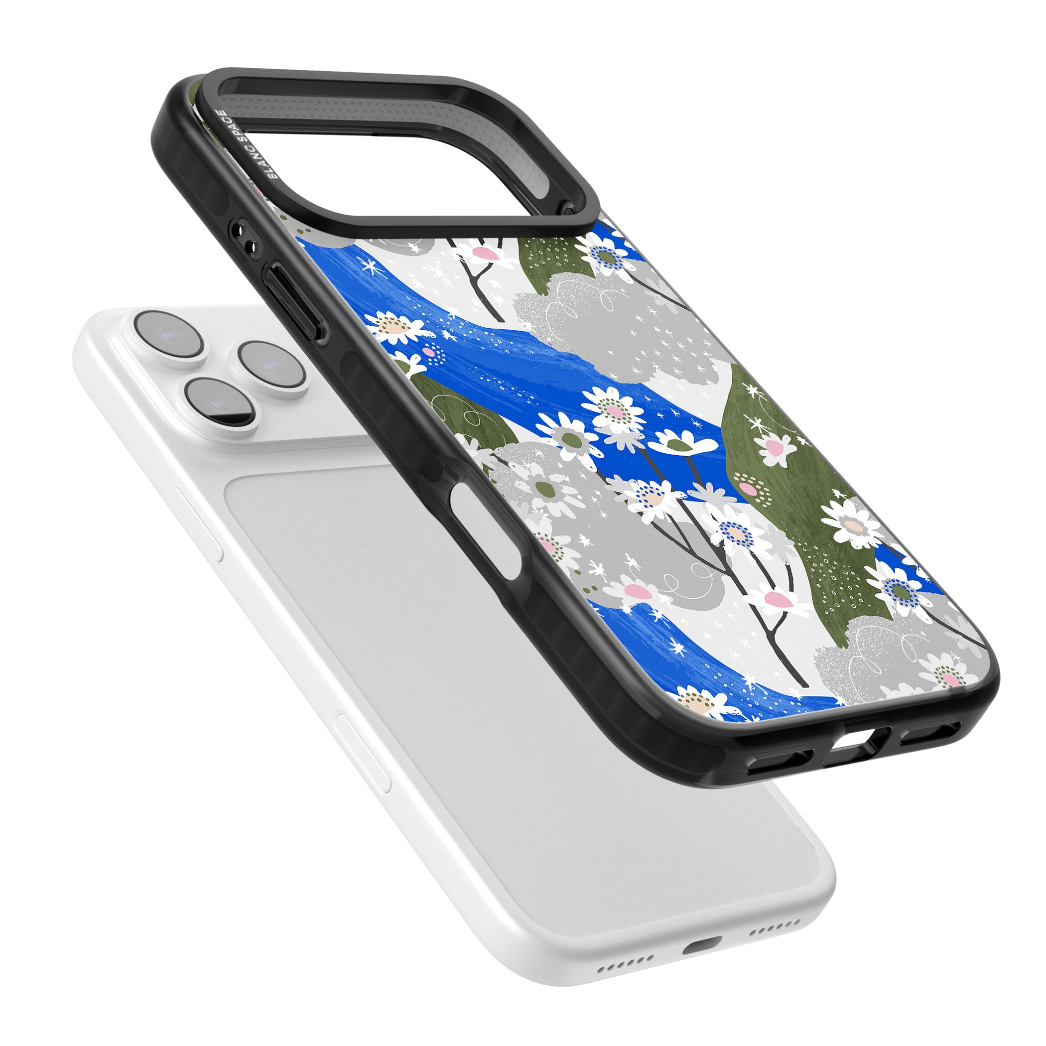 Blue & Grey Daisies Pattern iPhone 17 Pro Impact Black Phone Case Colours