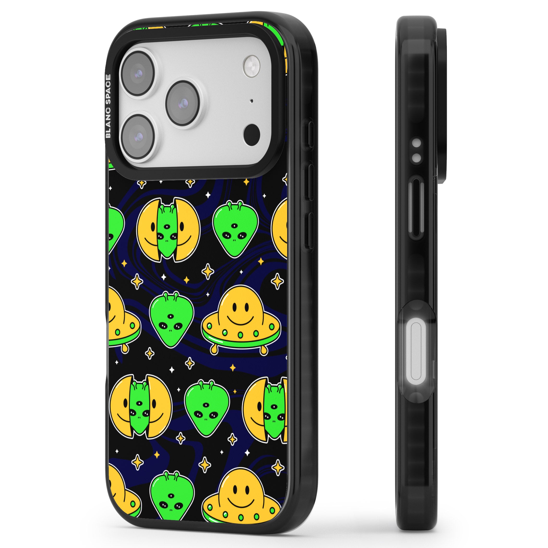 Alien Head Pattern iPhone 17 Pro Impact Black Phone Case Side Profile