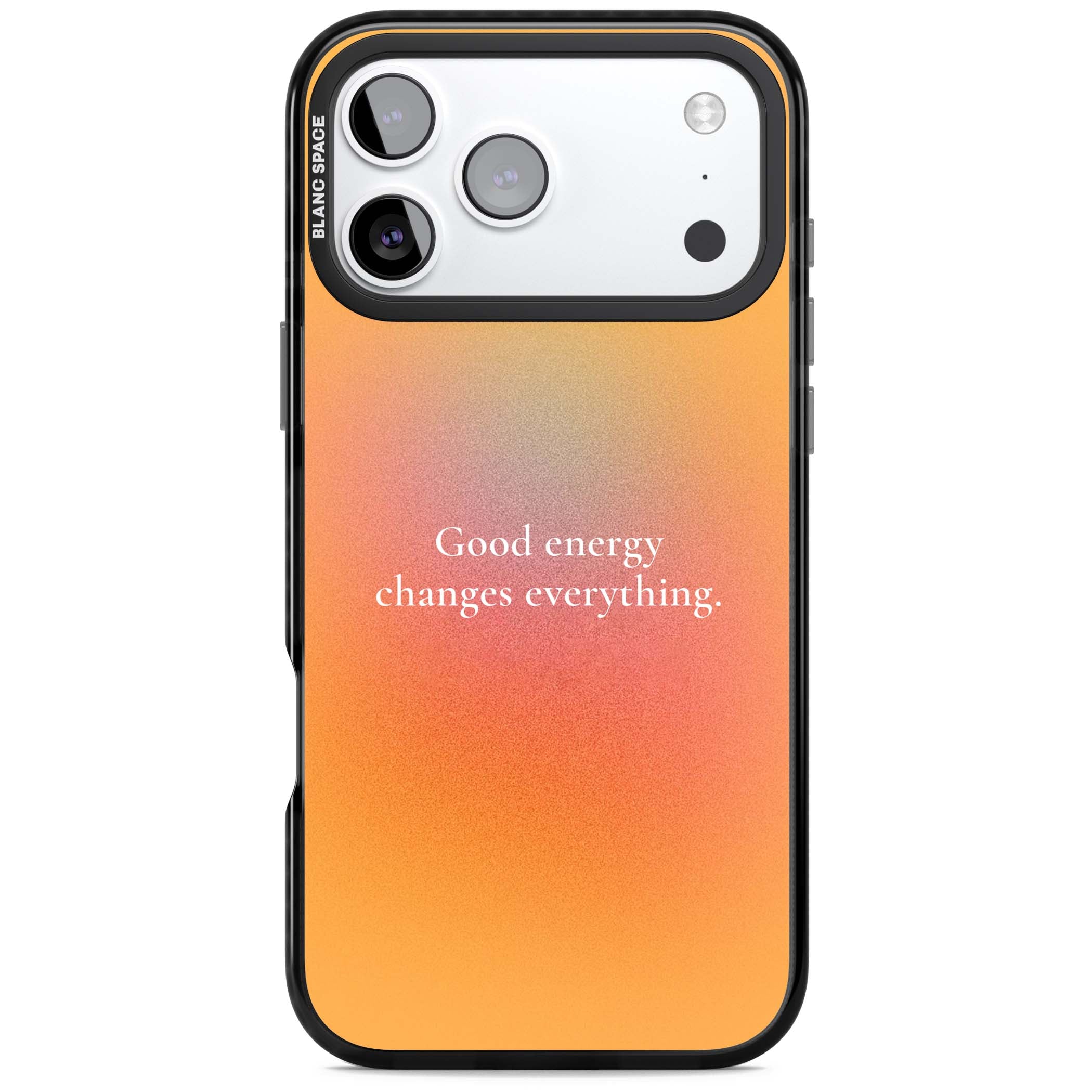 Good Energy quote iPhone case featuring an orange and pink aura gradient with white serif affirmation text | Clear Impact case for iPhone 17 Pro, iPhone 17 Pro Max