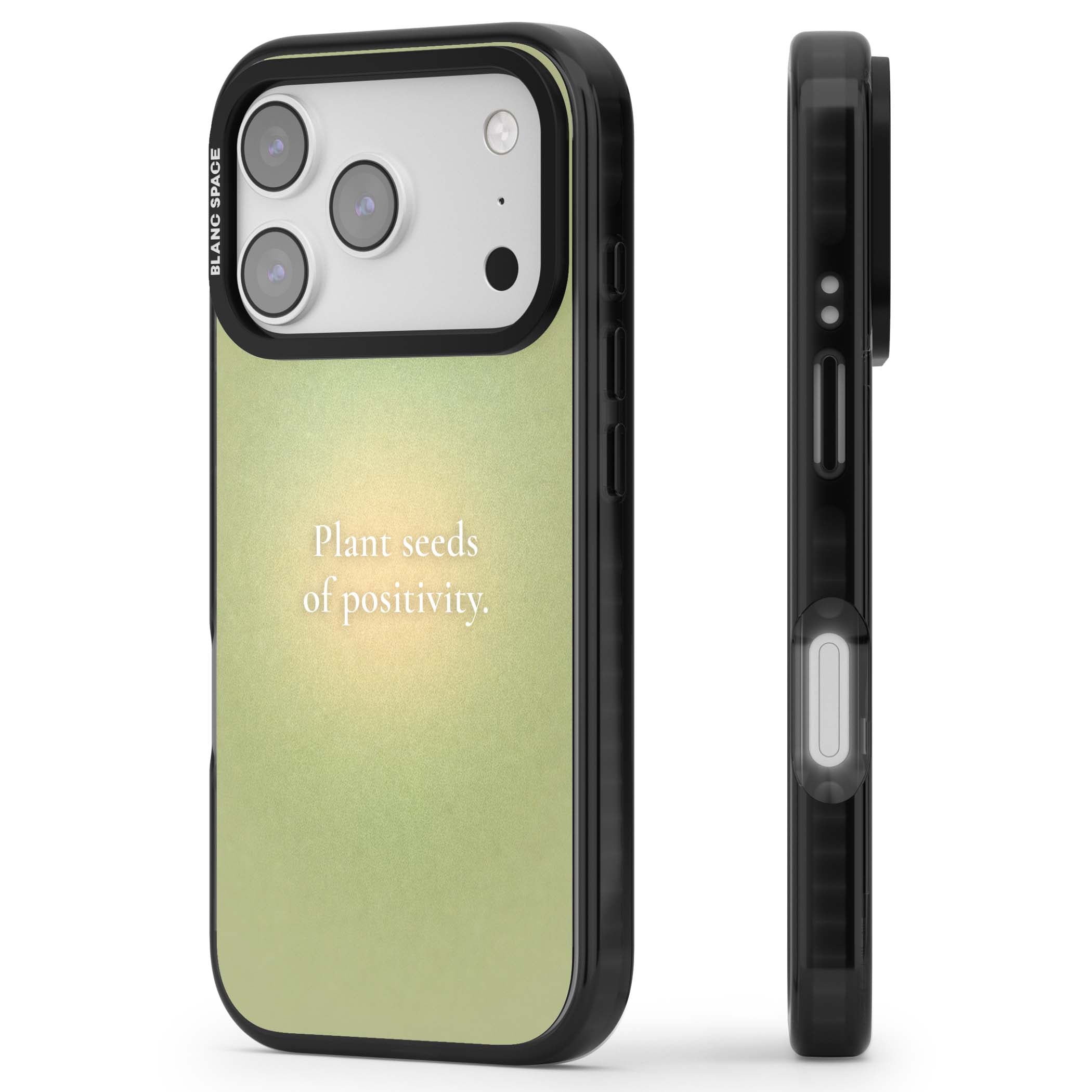 Seeds of Positivity quote iPhone case featuring a sage green aura gradient and golden glow affirmation | Clear Impact case for iPhone 17 Pro, iPhone 17 Pro Max