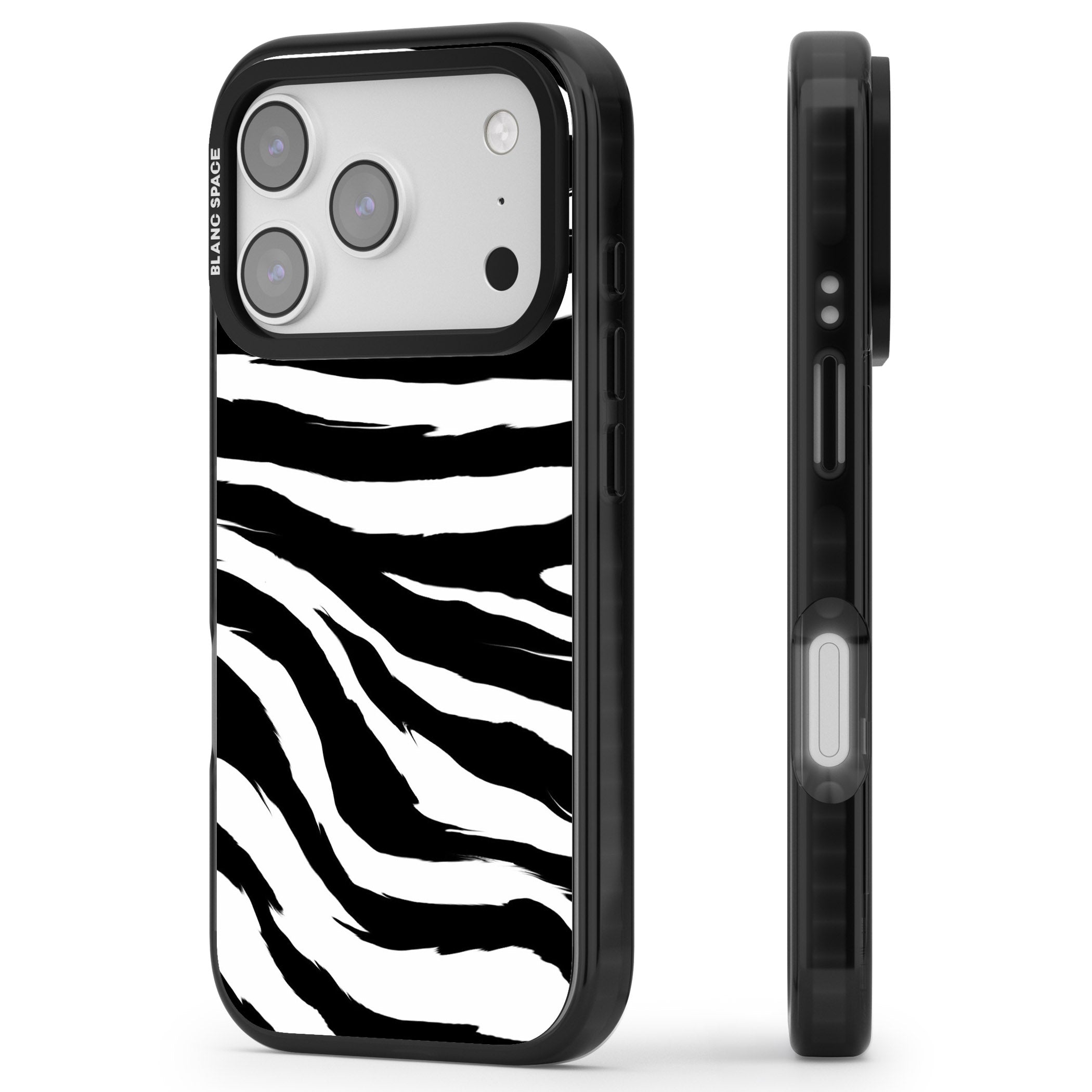 Black Zebra Print iPhone 17 Pro Impact Black Phone Case Side Profile