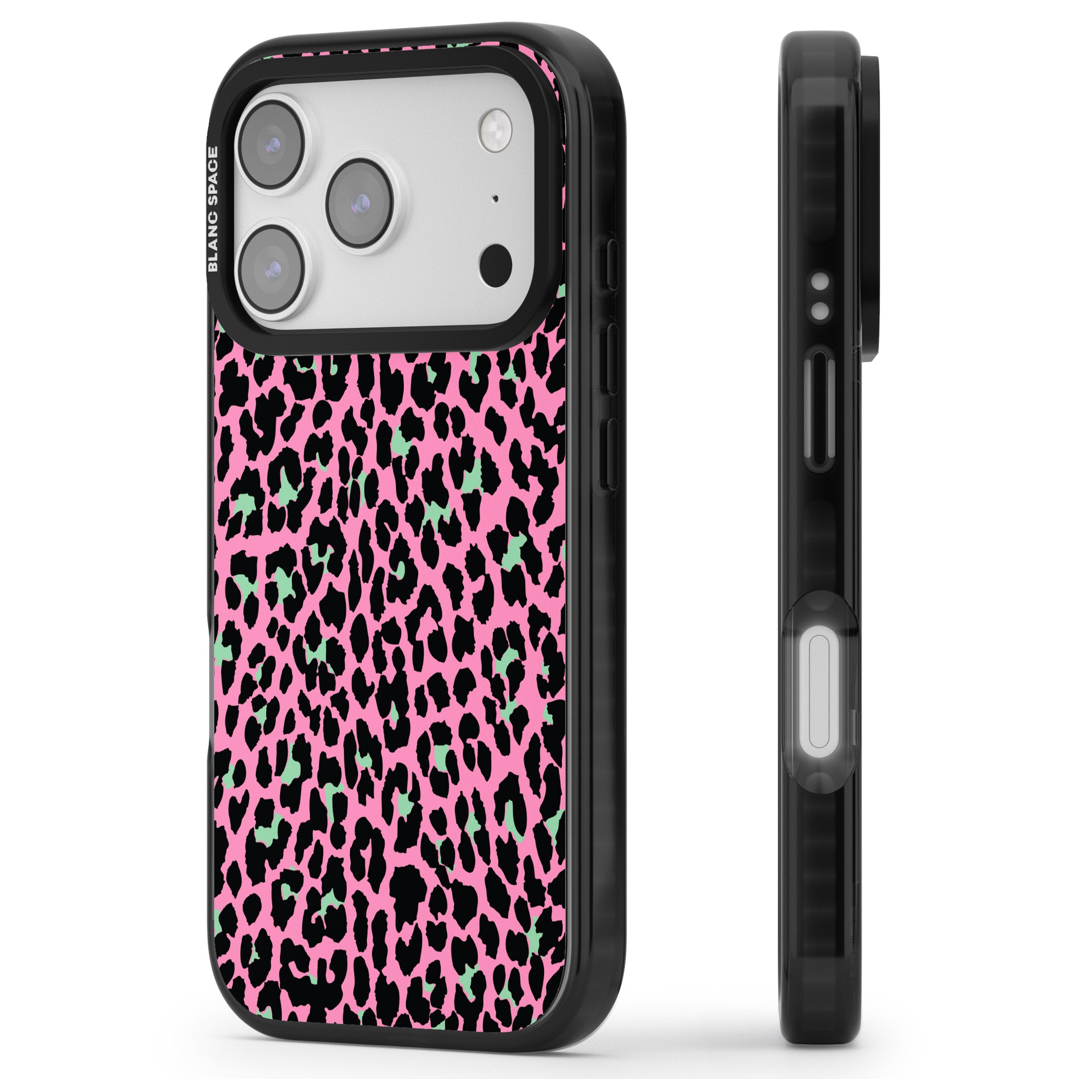 Pink & Green Leopard iPhone 17 Pro Impact Black Phone Case Side Profile