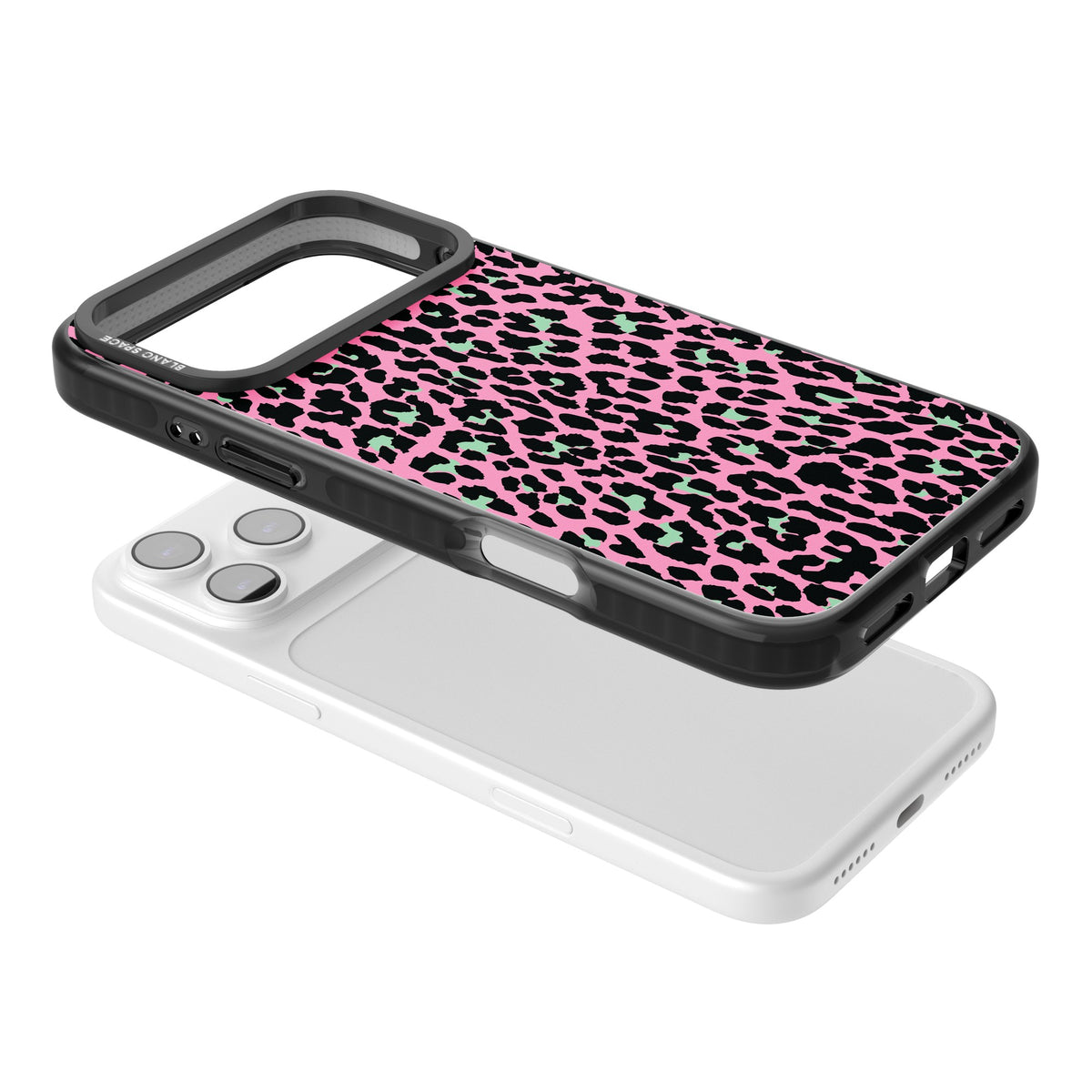Pink & Green Leopard iPhone 17 Pro Max Impact Black Phone Case angled
