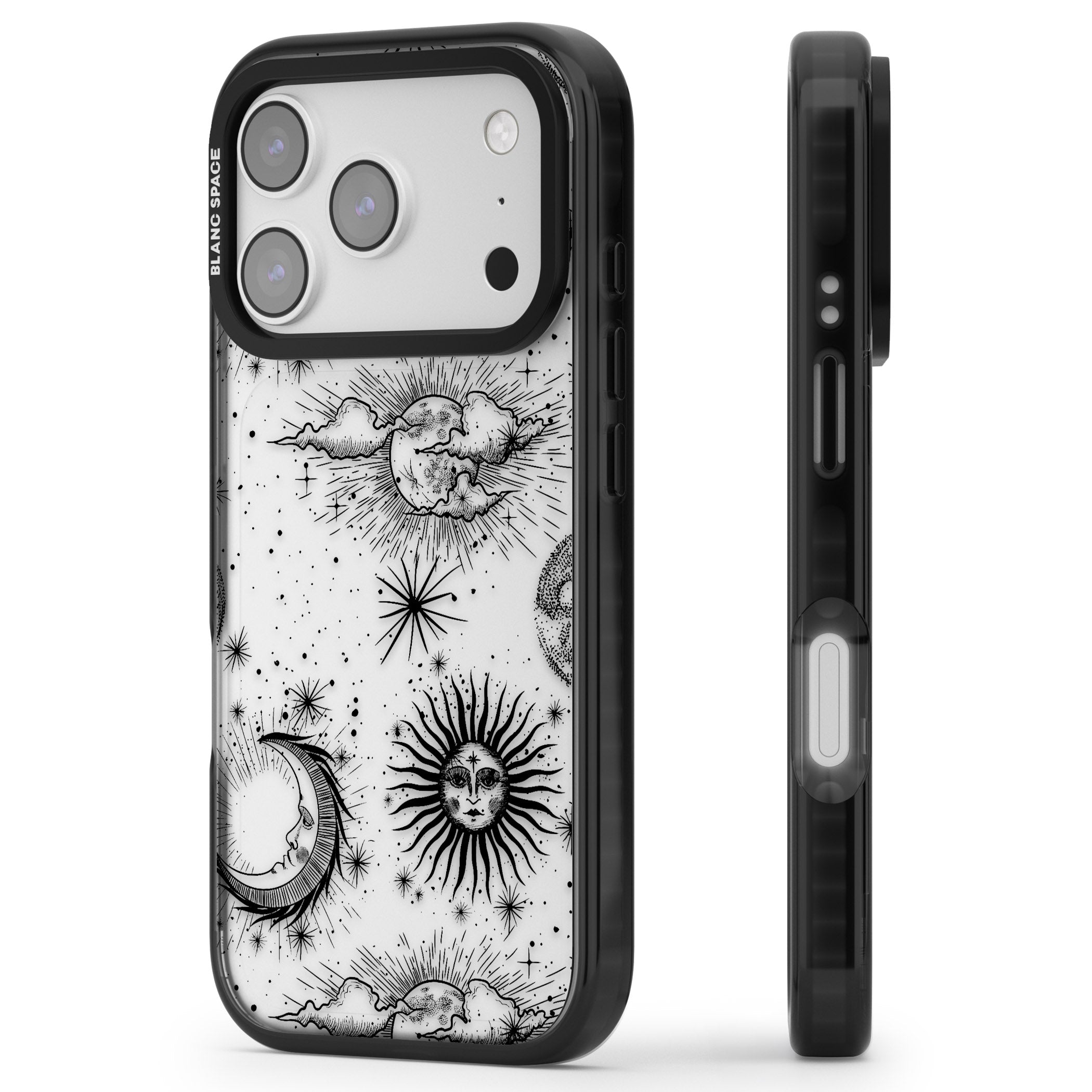 Suns, Moons & Clouds iPhone 17 Pro Impact Black Phone Case Side Profile