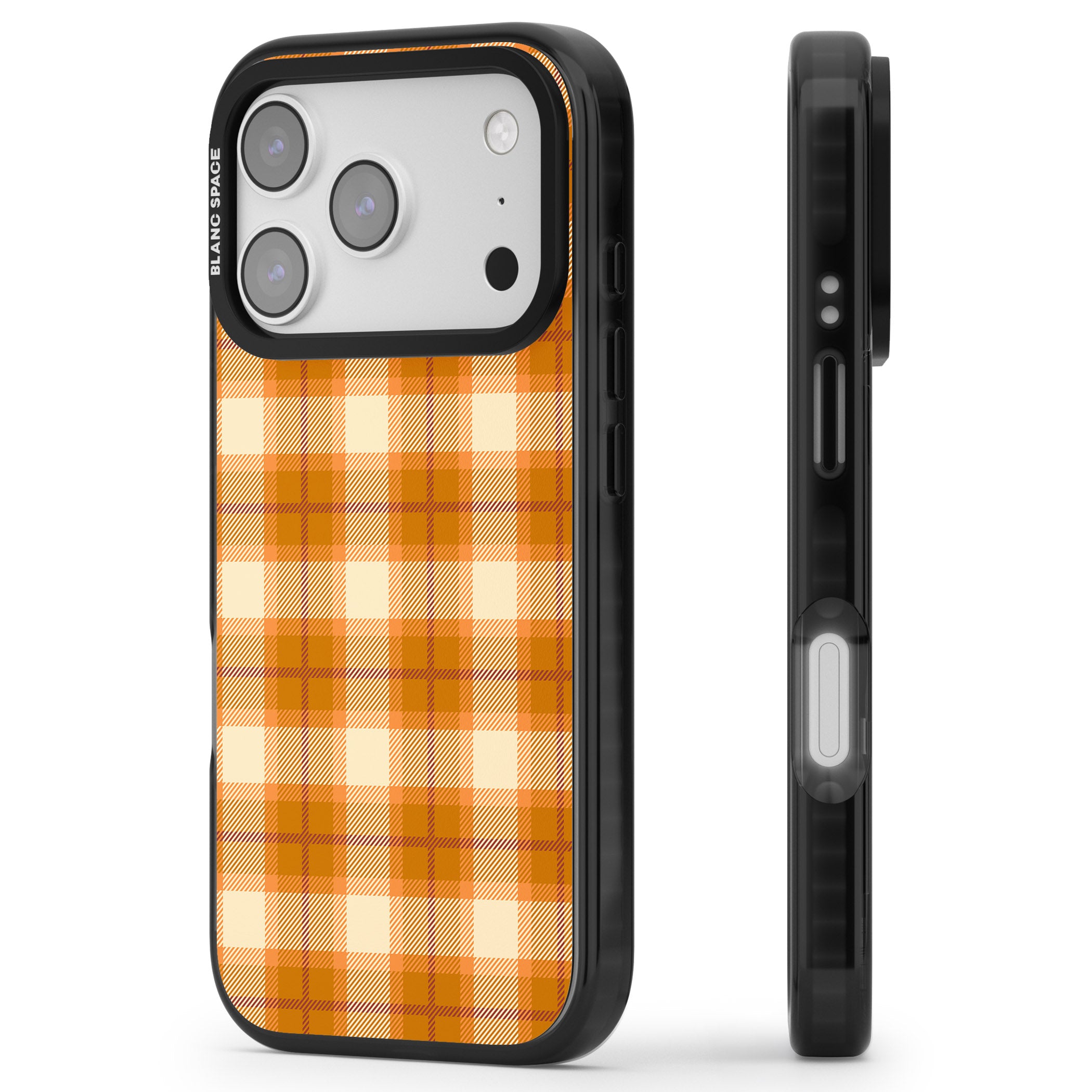 Pumpkin Plaid iPhone 17 Pro Impact Black Phone Case Side Profile