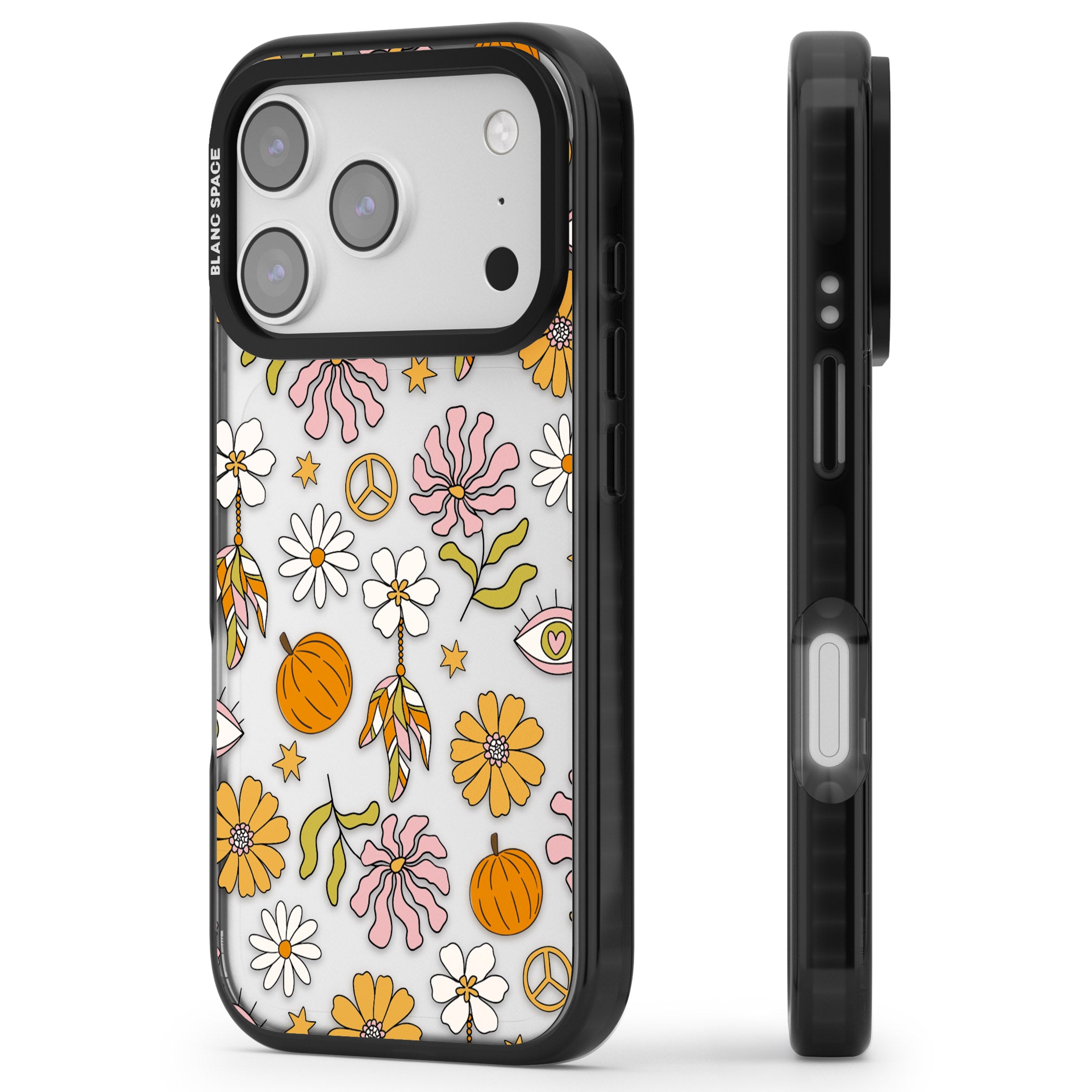 Retro Boho Fall Floral iPhone 17 Pro Impact Black Phone Case Side Profile
