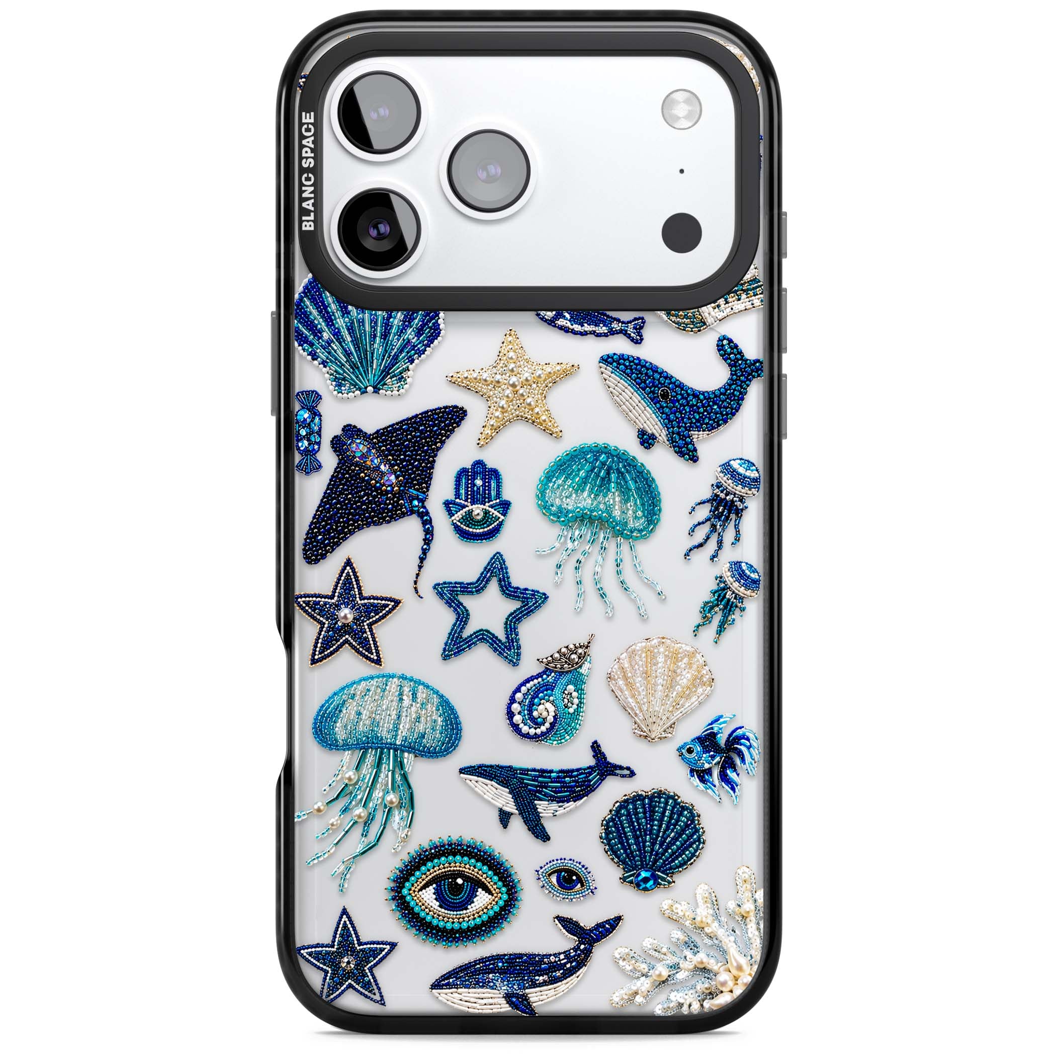 Beaded Coastal coastal iPhone case featuring embroidered seashells, jellyfish and a blue whale on clear | Clear Impact case for iPhone 17 Pro, iPhone 17 Pro Max