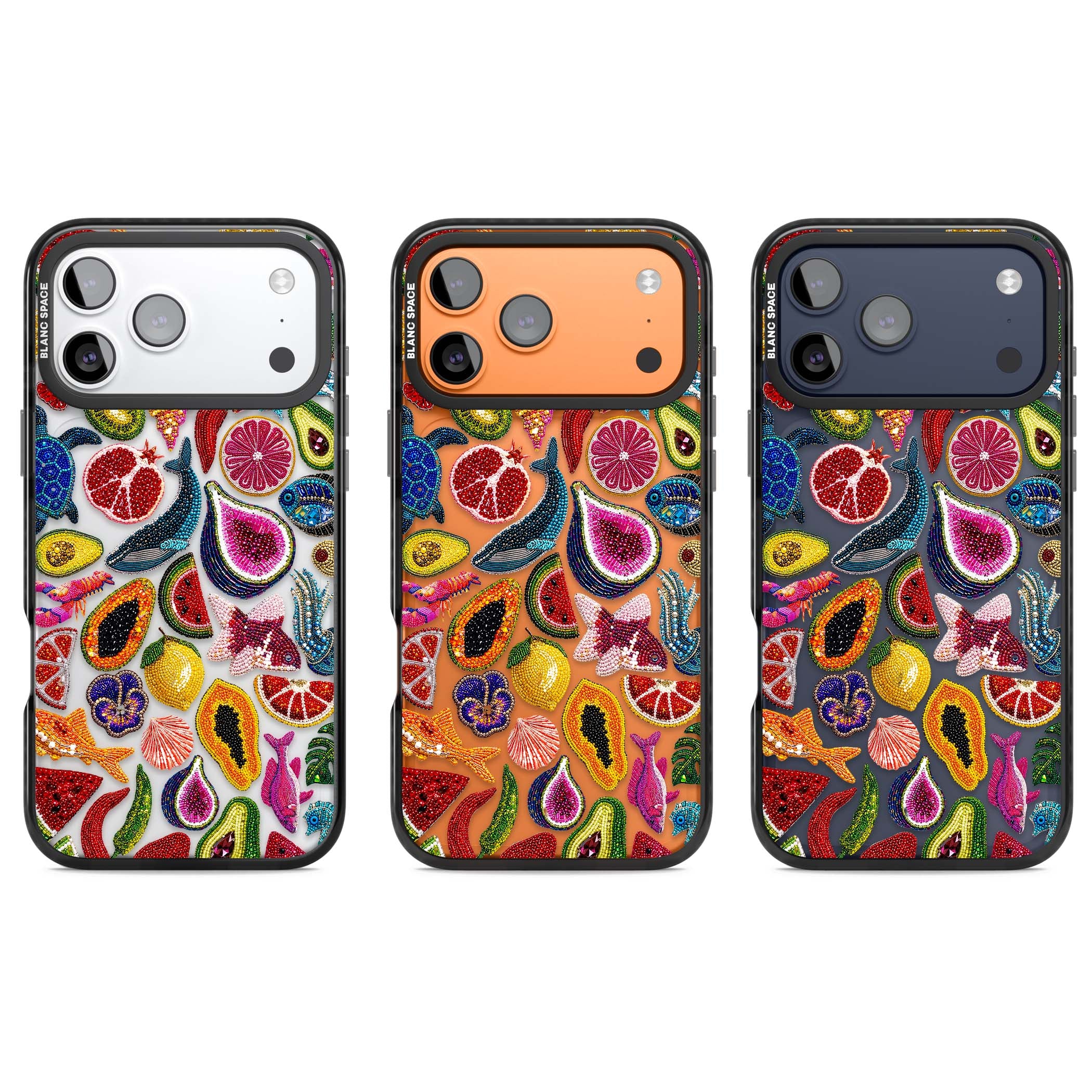 Beaded Tropic tropical iPhone case featuring beaded fruit, fish, crabs and seashells in vibrant colour | Clear Impact case for iPhone 17 Pro, iPhone 17 Pro Max