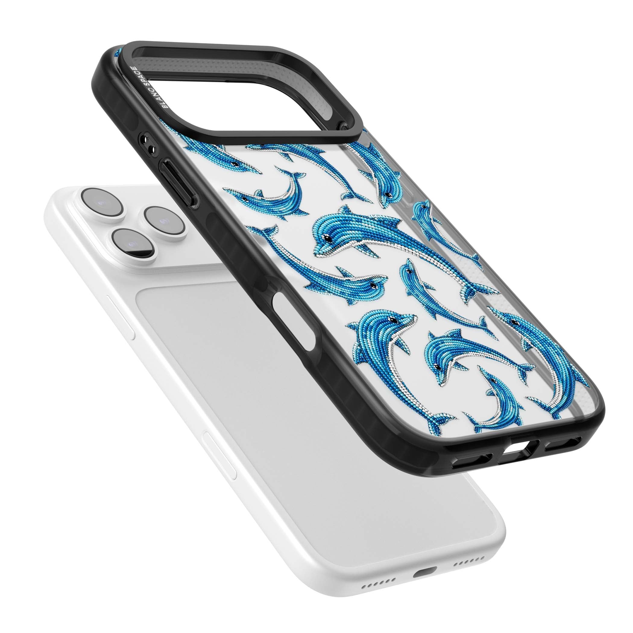 Beaded Dolphins coastal iPhone case featuring beaded dolphins in blue and white swimming across a clear background | Clear Impact case for iPhone 17 Pro, iPhone 17 Pro Max