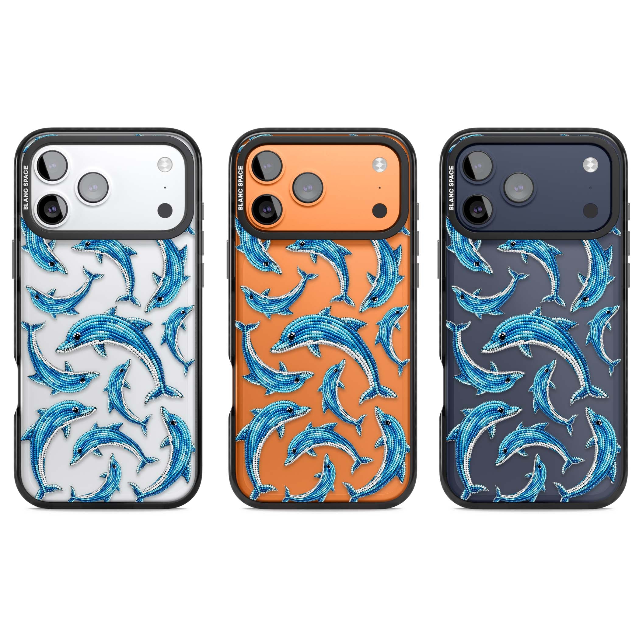 Beaded Dolphins coastal iPhone case featuring beaded dolphins in blue and white swimming across a clear background | Clear Impact case for iPhone 17 Pro, iPhone 17 Pro Max