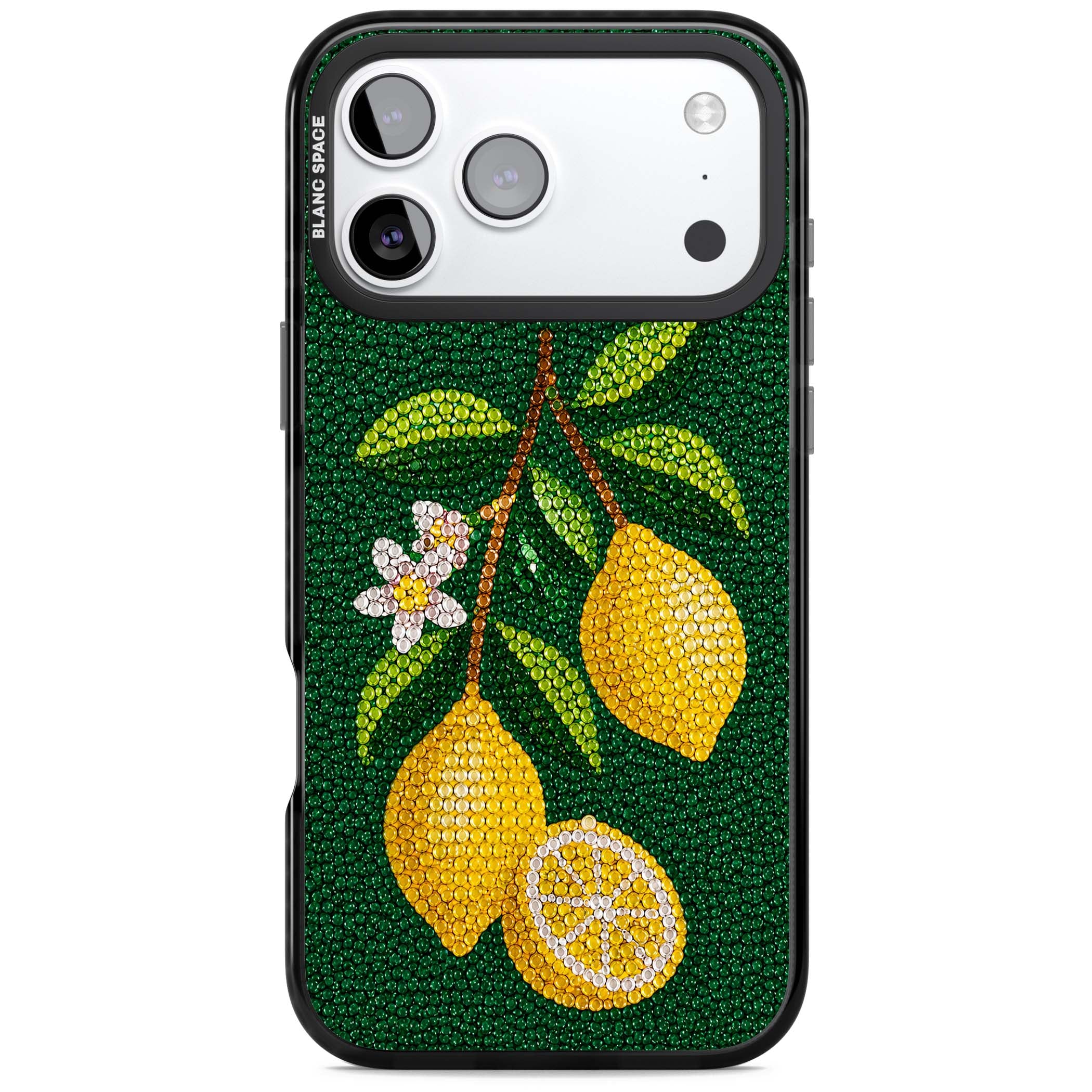 Beaded Lemons coastal iPhone case featuring crystal-beaded lemons, citrus blossom and green leaves on emerald ground | Clear Impact case for iPhone 17 Pro, iPhone 17 Pro Max