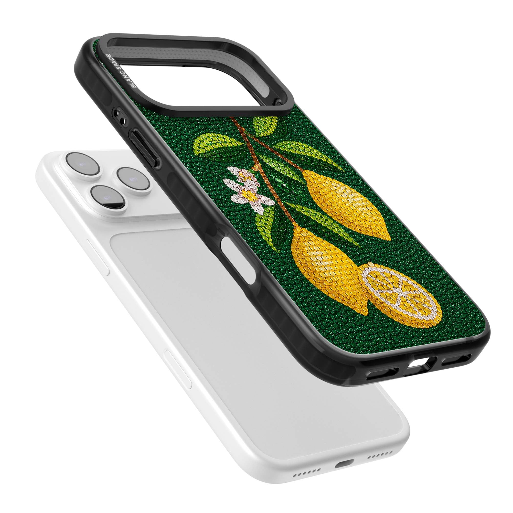 Beaded Lemons coastal iPhone case featuring crystal-beaded lemons, citrus blossom and green leaves on emerald ground | Clear Impact case for iPhone 17 Pro, iPhone 17 Pro Max