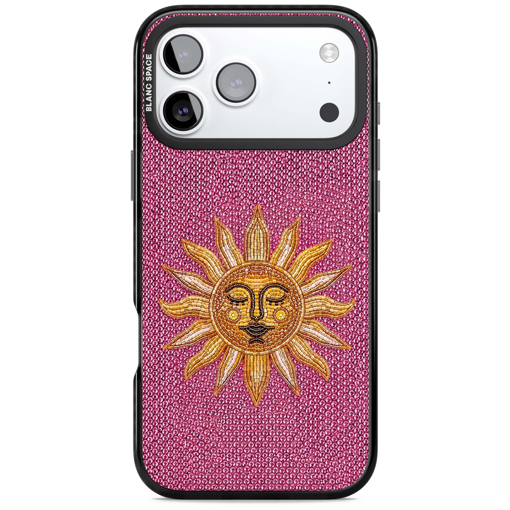 Beaded Sun celestial iPhone case featuring a golden beaded sun face with radiant rays on hot pink beaded background | Clear Impact case for iPhone 17 Pro, iPhone 17 Pro Max