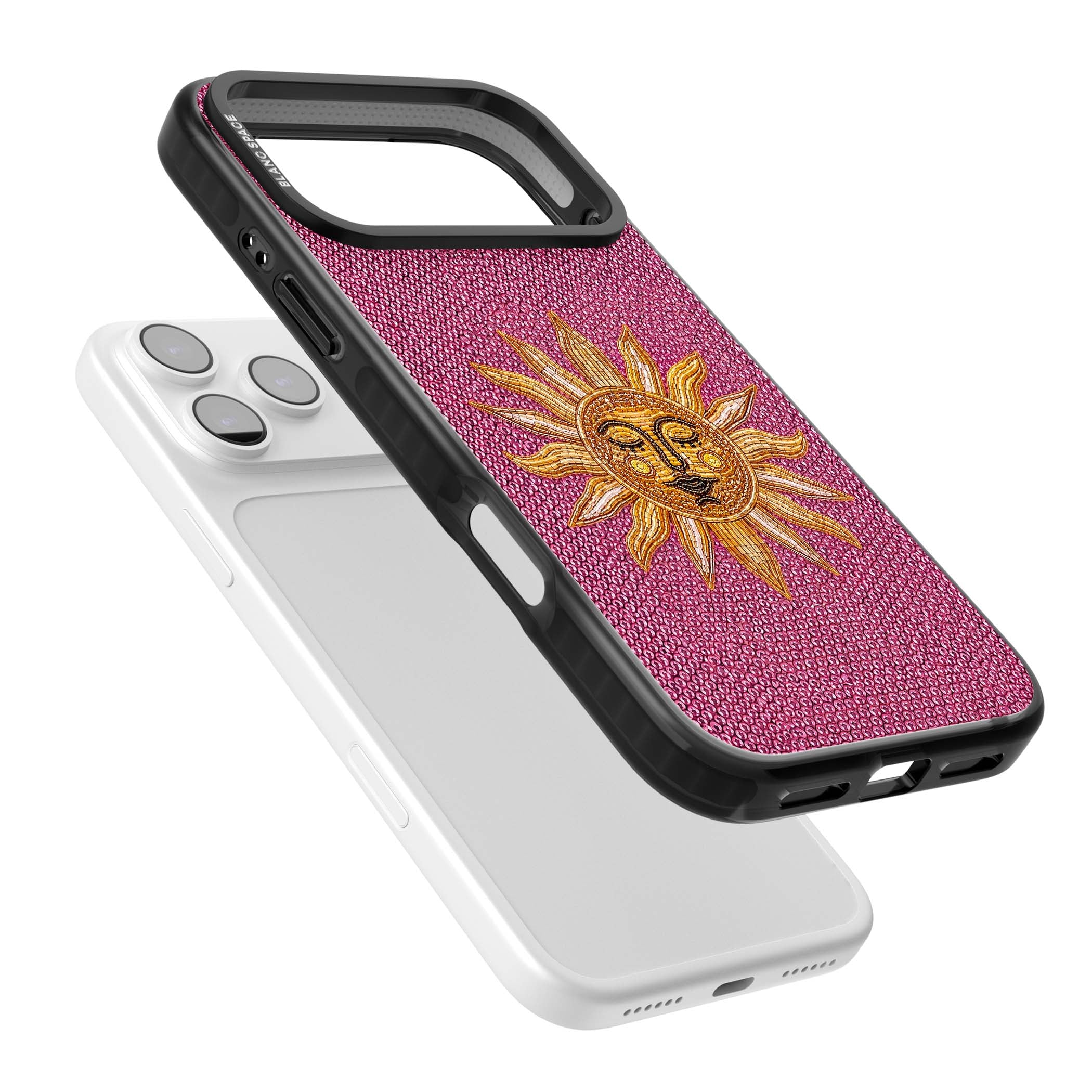 Beaded Sun celestial iPhone case featuring a golden beaded sun face with radiant rays on hot pink beaded background | Clear Impact case for iPhone 17 Pro, iPhone 17 Pro Max