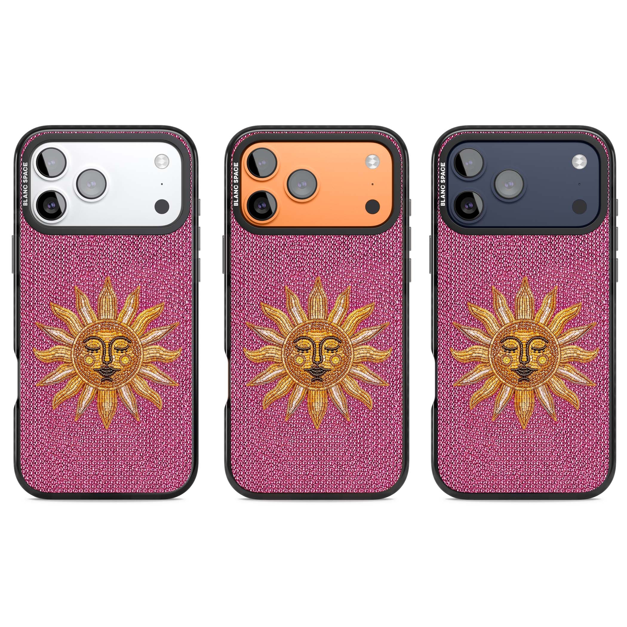 Beaded Sun celestial iPhone case featuring a golden beaded sun face with radiant rays on hot pink beaded background | Clear Impact case for iPhone 17 Pro, iPhone 17 Pro Max