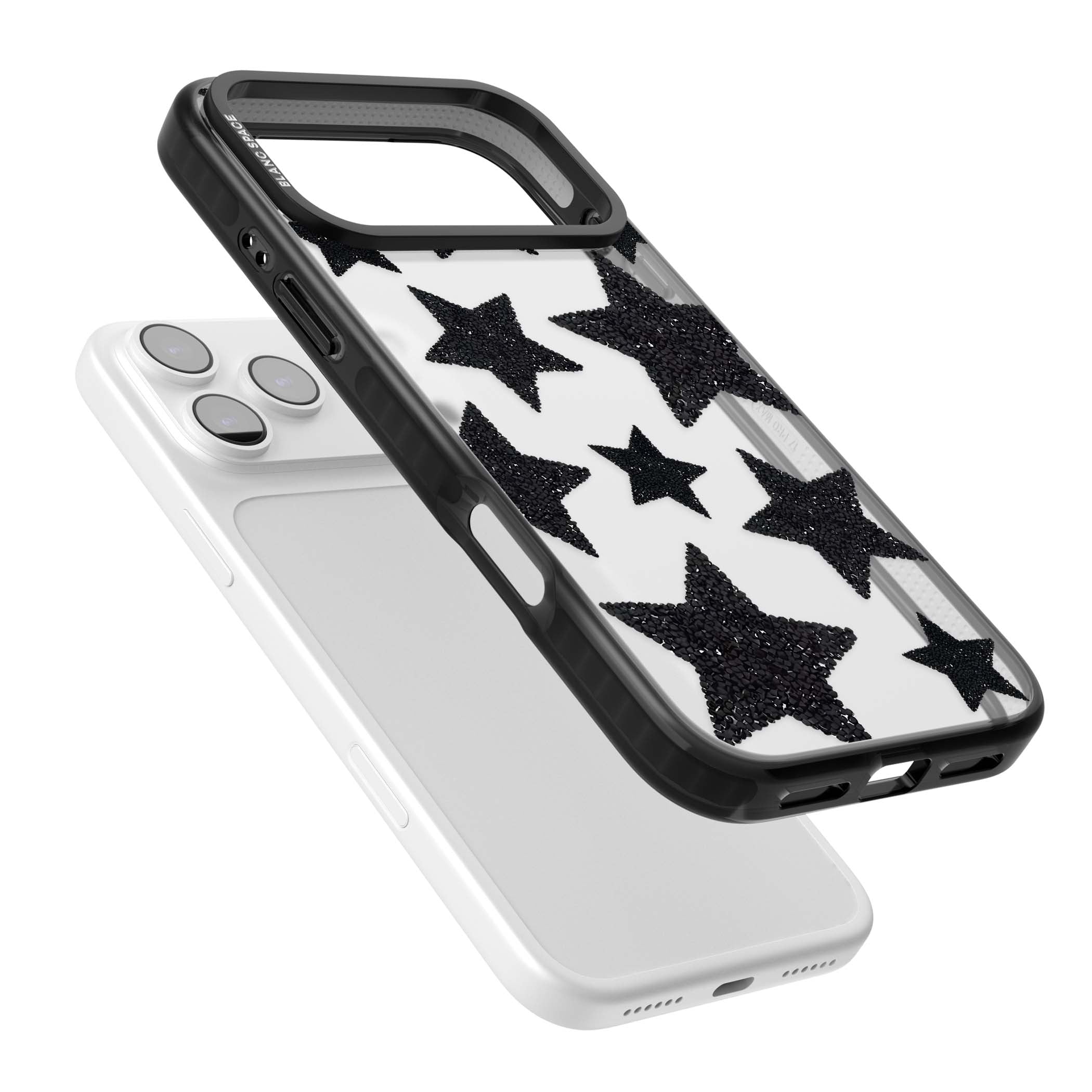 Beaded Black Stars celestial iPhone case featuring black glitter beaded stars scattered on a clear background | Clear Impact case for iPhone 17 Pro, iPhone 17 Pro Max