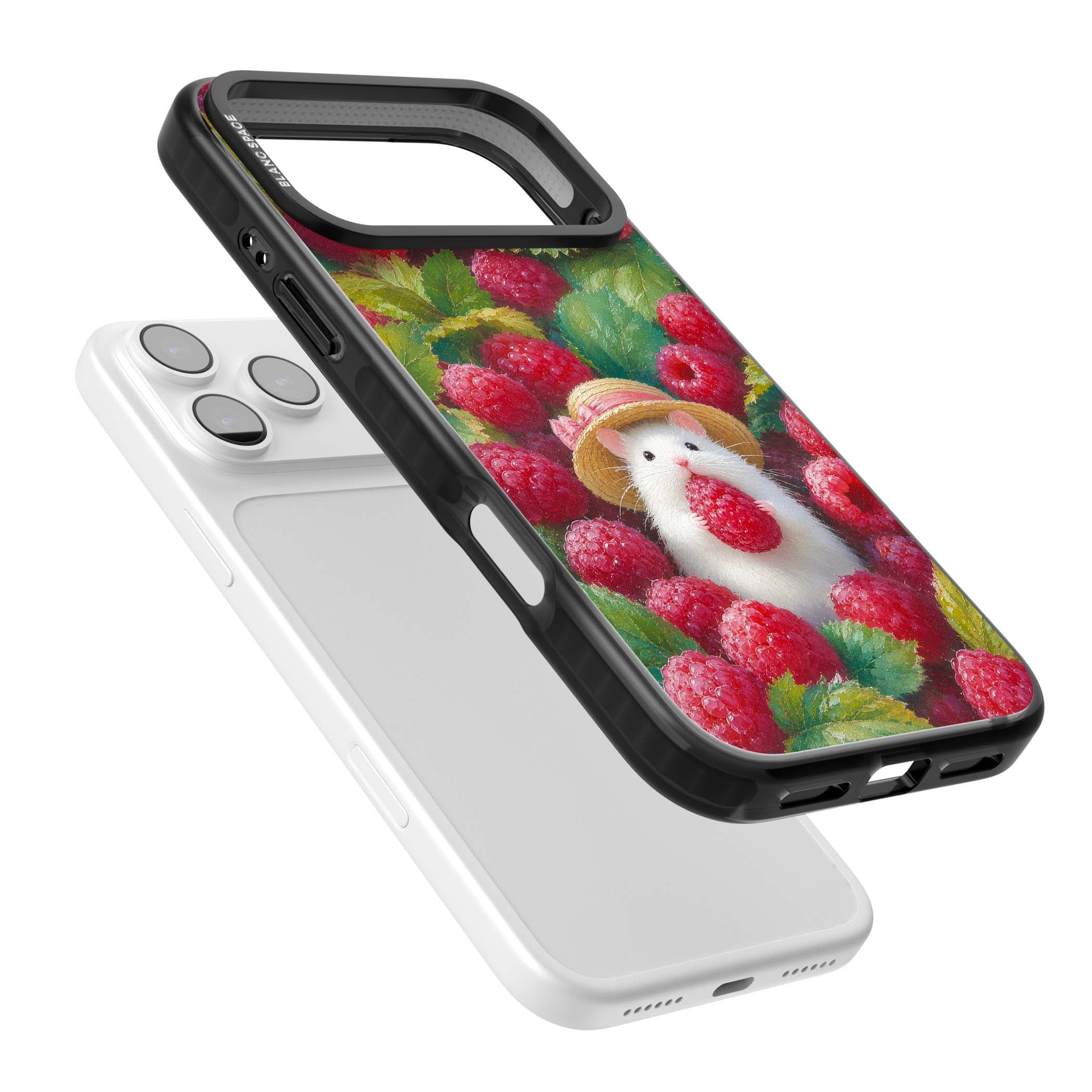 Berry Forager cottagecore iPhone case featuring a white hamster in a straw hat holding a raspberry surrounded by ripe ber | Clear Impact case for iPhone 17 Pro, iPhone 17 Pro Max