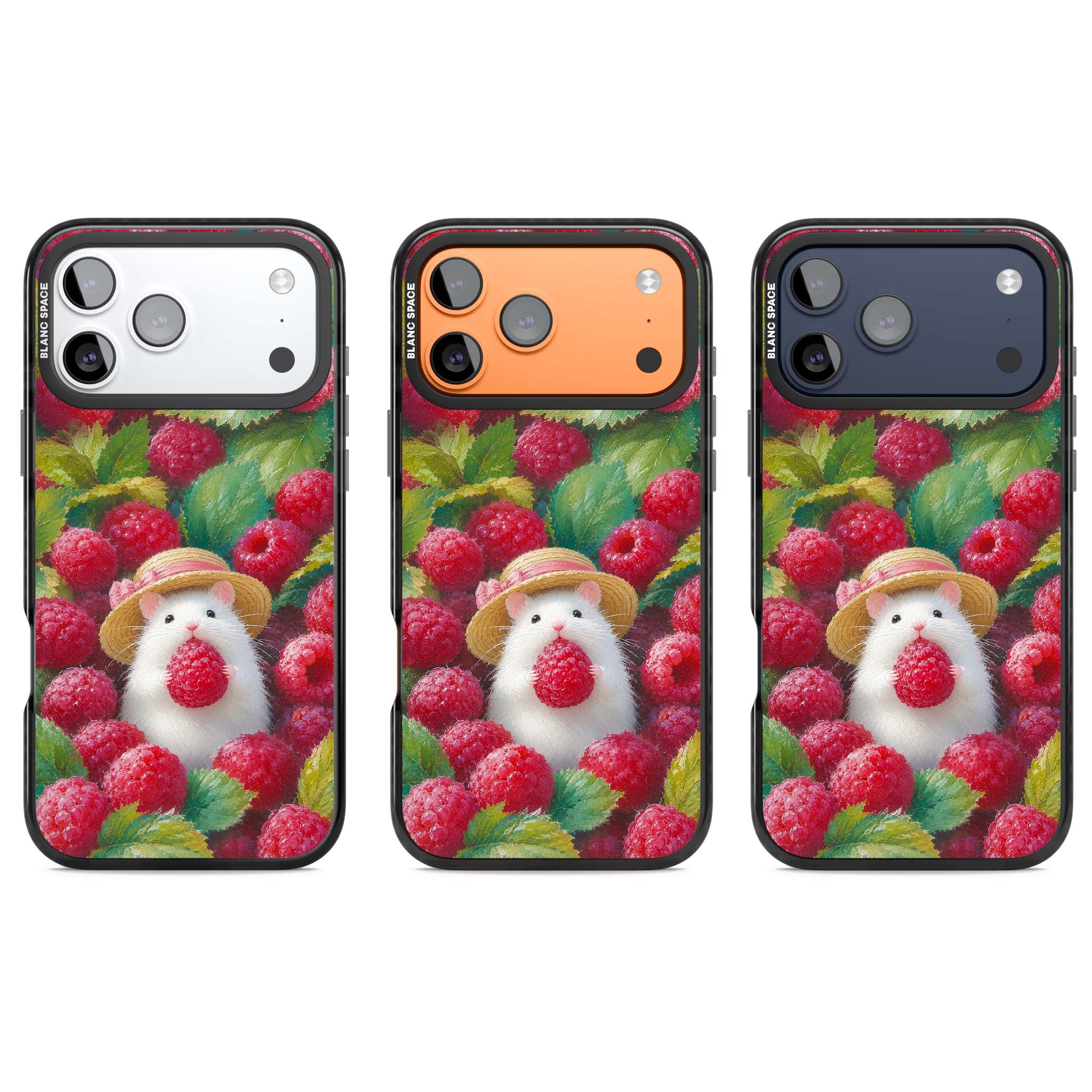Berry Forager cottagecore iPhone case featuring a white hamster in a straw hat holding a raspberry surrounded by ripe ber | Clear Impact case for iPhone 17 Pro, iPhone 17 Pro Max