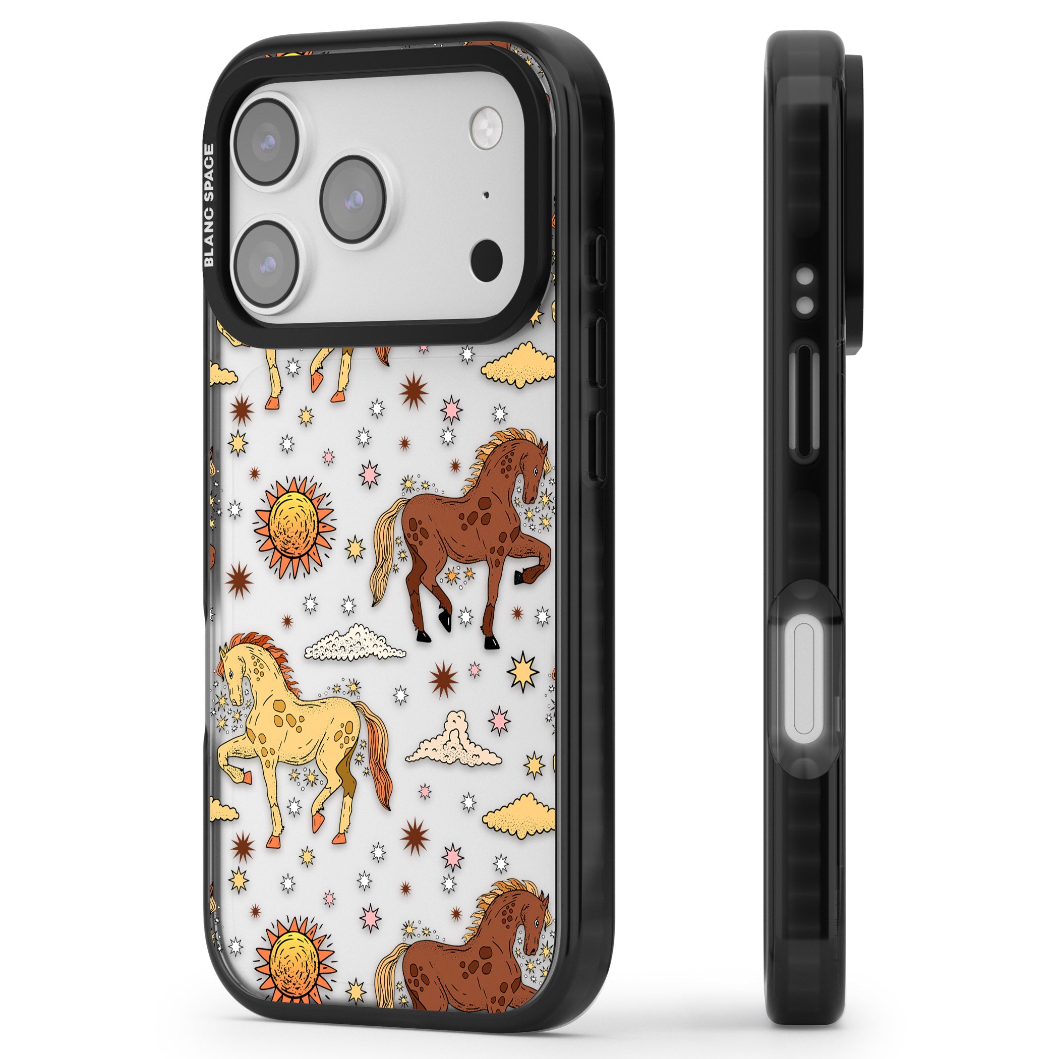 Boho Celestial Wild Horses iPhone 17 Pro Impact Black Phone Case Side Profile