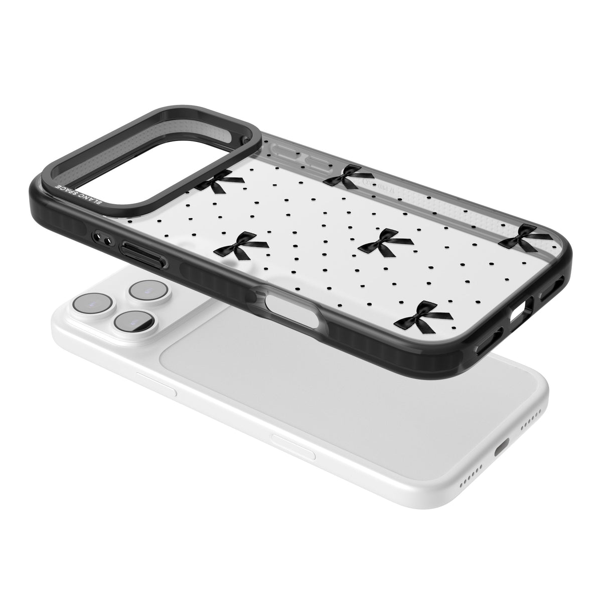 Black Polka Bows iPhone 17 Pro Max Impact Black Phone Case angled