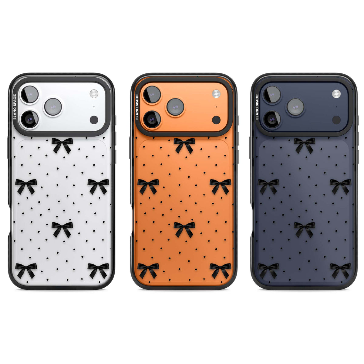 Black Polka Bows coquette iPhone case featuring scattered black satin bows and tiny polka dots on a clear base | Clear Impact case for iPhone 17 Pro, iPhone 17 Pro Max