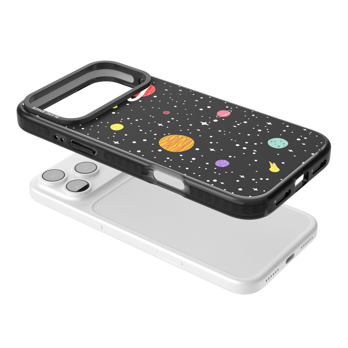Cute Cartoon Planets iPhone 17 Pro Max Impact Black Phone Case angled