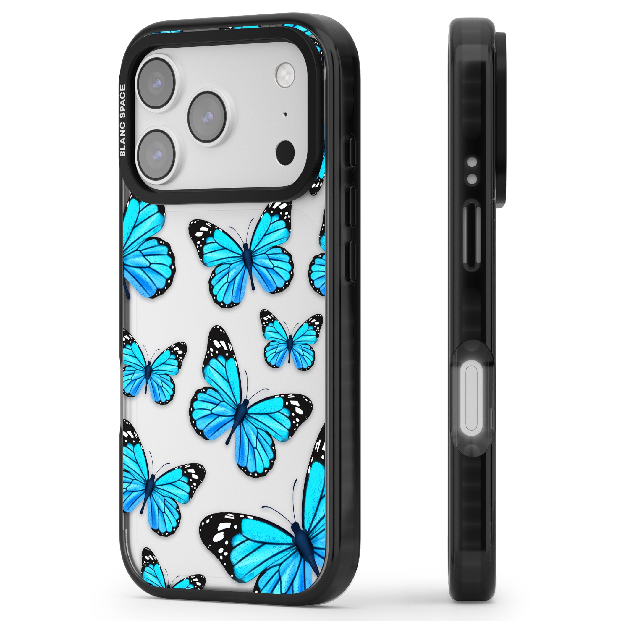 Blue Butterflies iPhone 17 Pro Impact Black Phone Case Side Profile