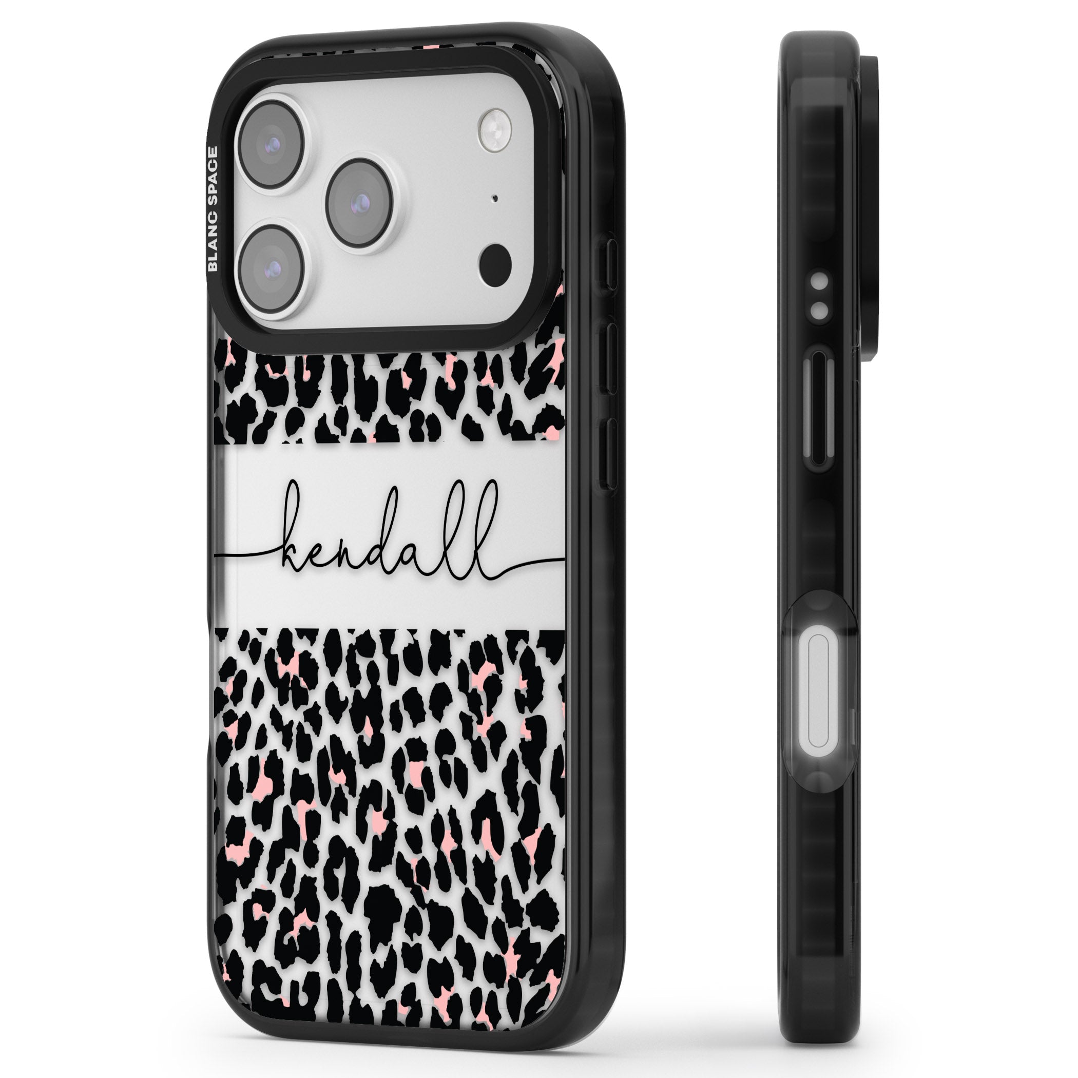 Personalised Cursive Leopard Spots iPhone 17 Pro Impact Black Phone Case Side Profile