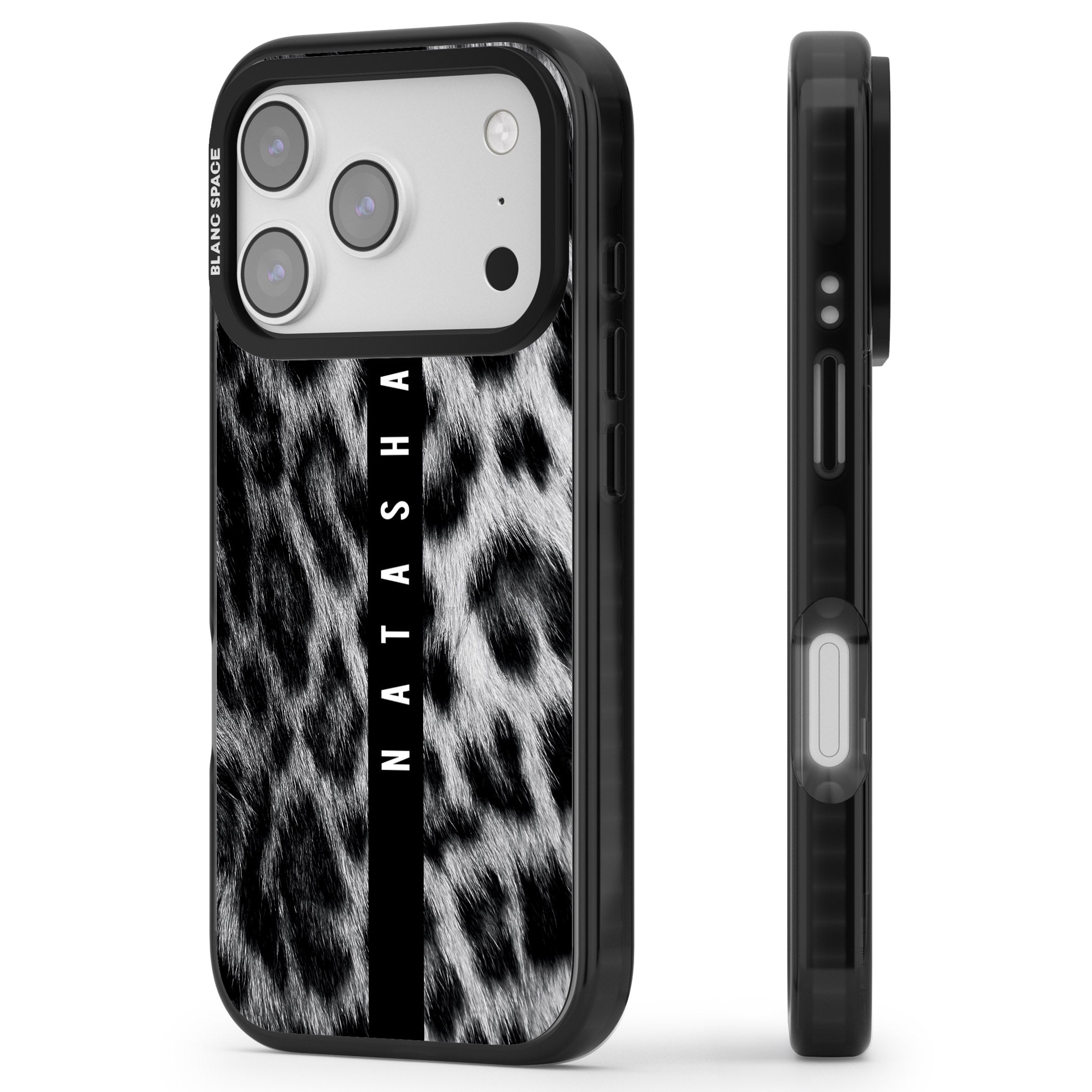 Personalised Snow Leopard Print iPhone 17 Pro Impact Black Phone Case Side Profile