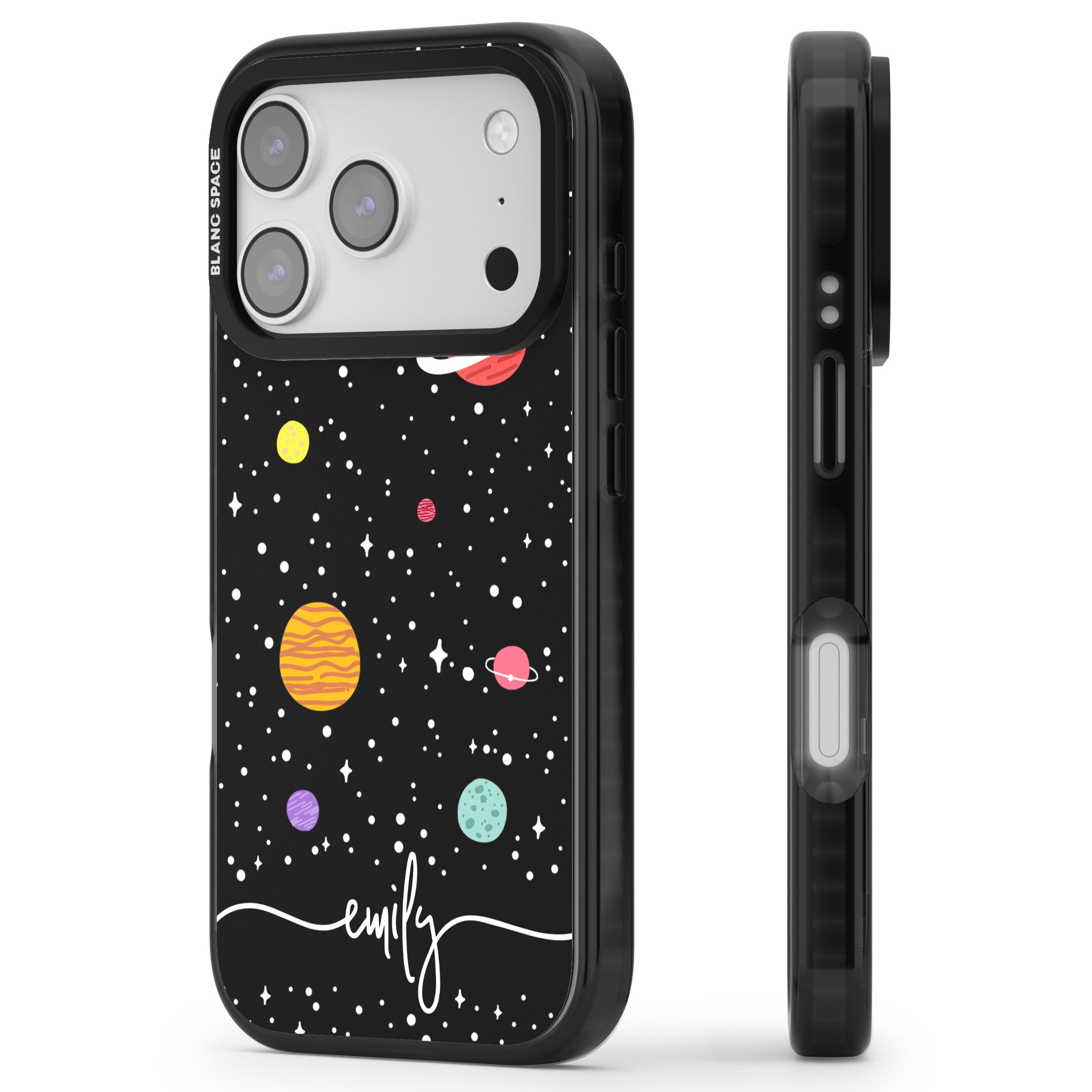 Personalised Cute Cartoon Planet iPhone 17 Pro Impact Black Phone Case Side Profile