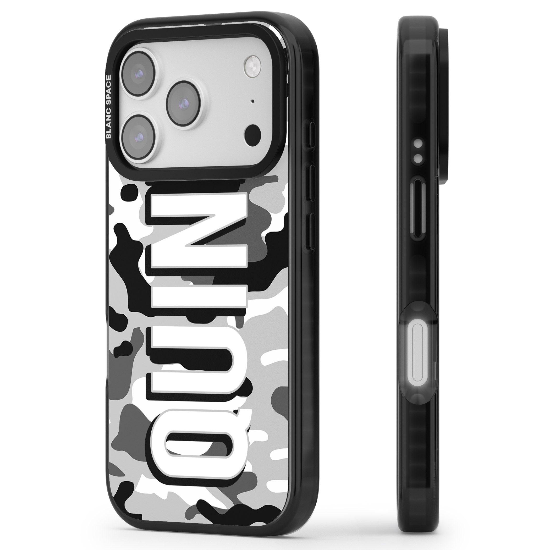 Personalised Greyscale Camo iPhone 17 Pro Impact Black Phone Case Side Profile